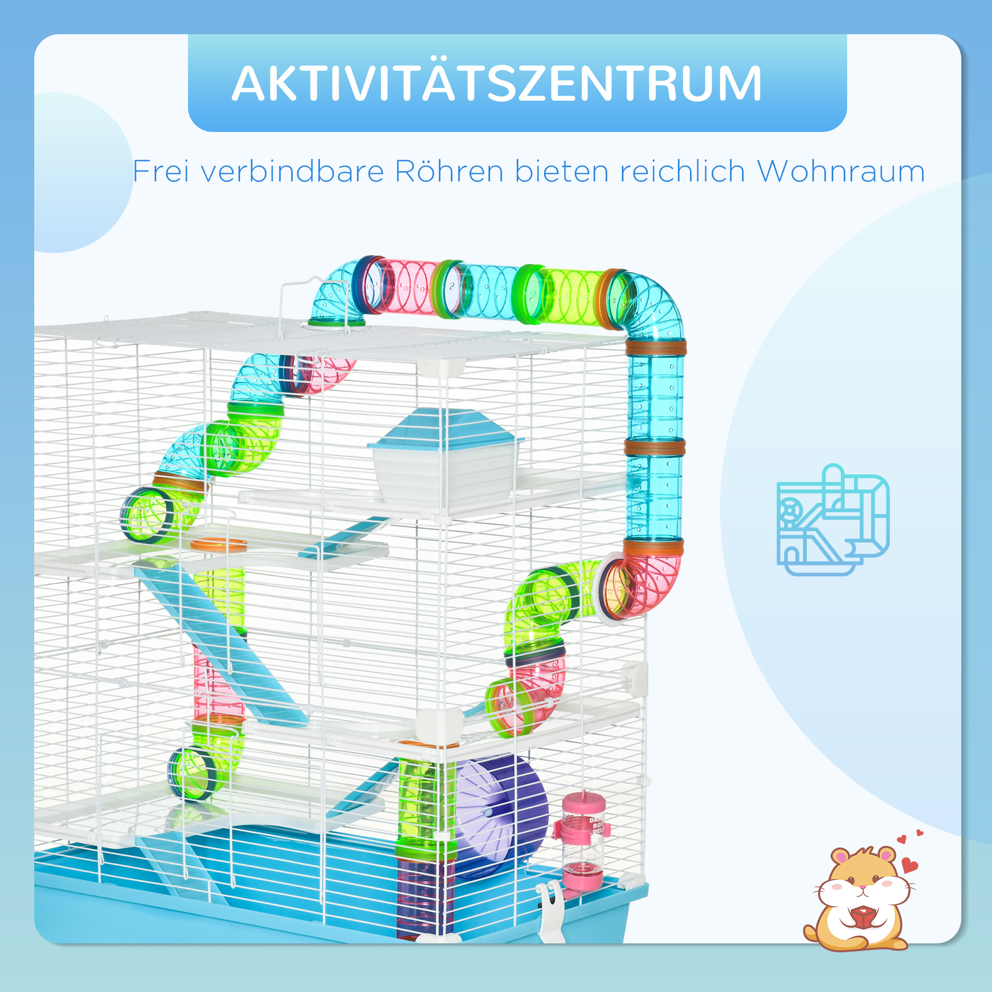 Hamsterkäfig 5 Etagen Nagerkäfig Kleintierkäfig aus Stahldraht mit Laufrad, Rampe, Trinkflasche, Futternapf, Mäusekäfig für Hamster, Rennmaus 59 x 36 x 69 cm, Hellblau+Weiß