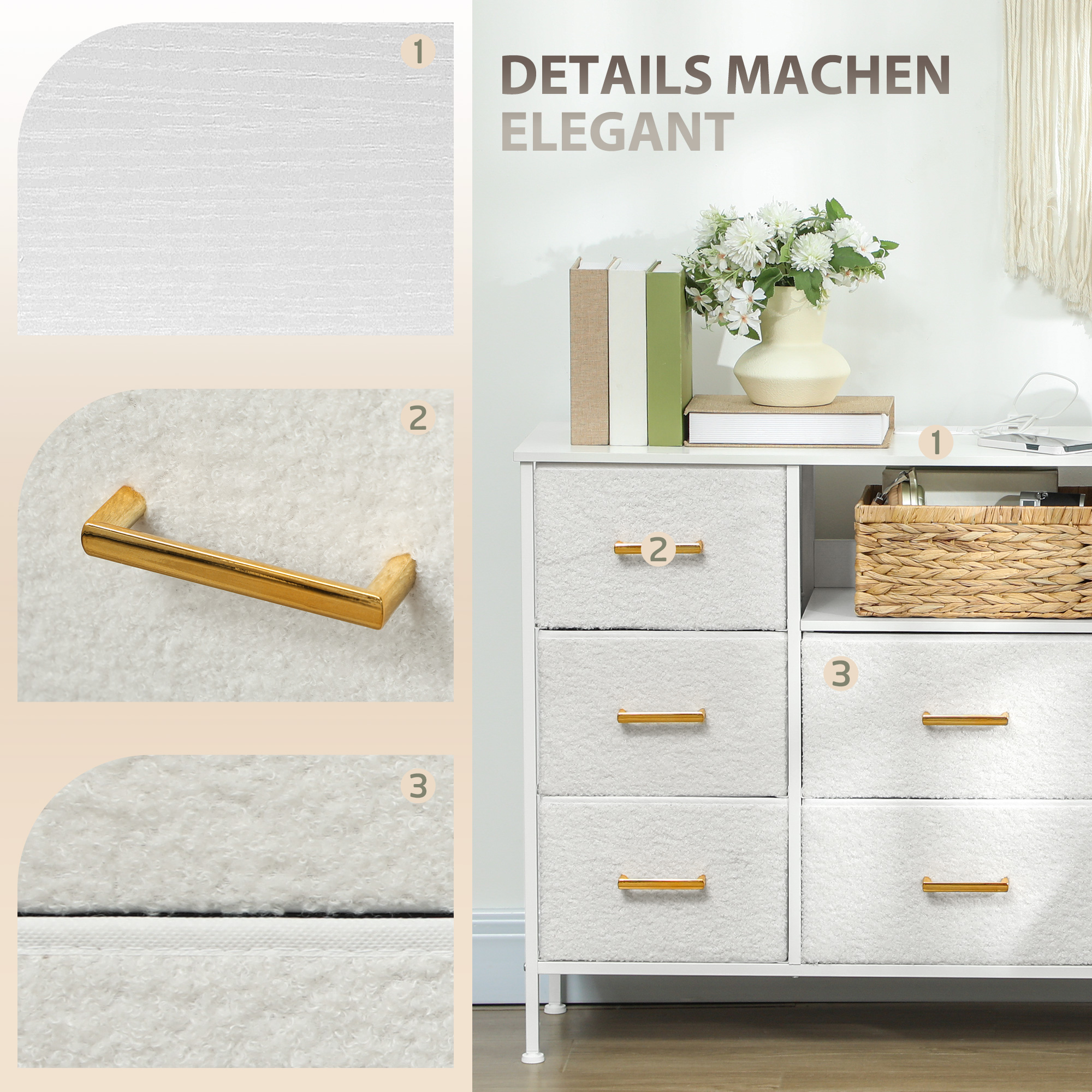 Kommode, Aufbewahrungsschrank mit 8 Schubladen aus Stoff, Steckdosenleiste, Stahlrahmen, Schubladenschrank für Flur, Schlafzimmer, Wohnzimmer und Büro, Cremeweiß