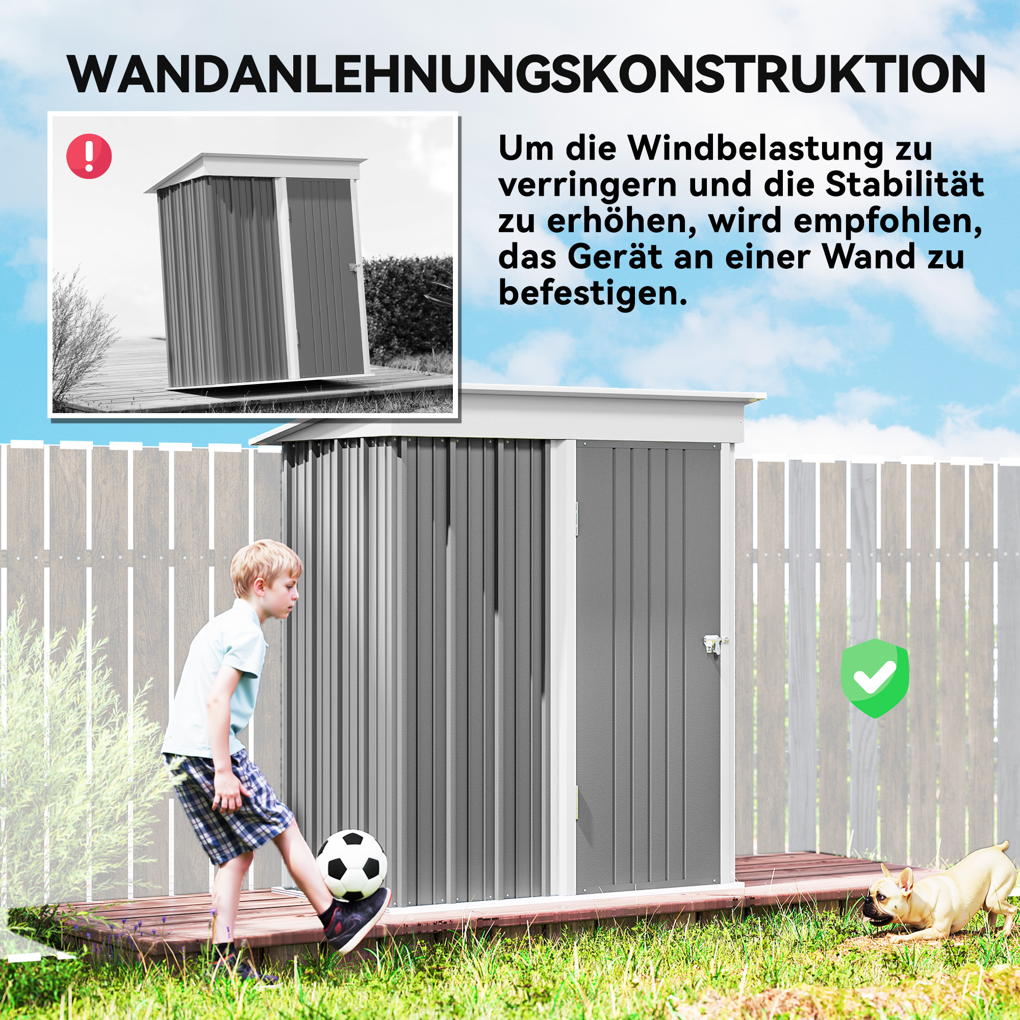 Gartenschuppen, Outdoor-Geräteschuppen aus Wellstahl, Wanddesign, verstellbare Regalböden, verschließbare Tür, Grau