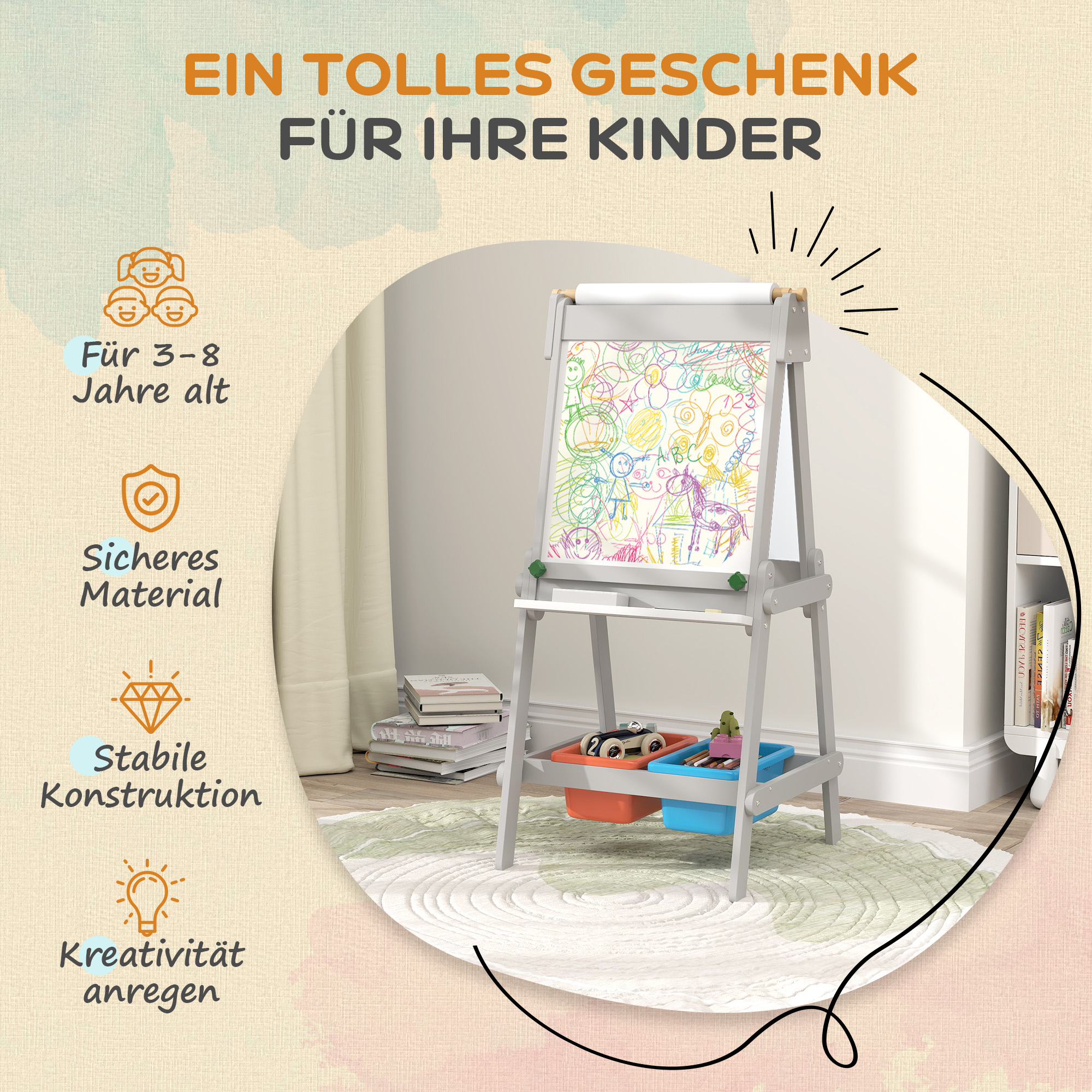 doppelseitige Kindermalstaffelei mit Papierrolle, Kreidetafel, Whiteboard, 3-in-1-Design, zum Zeichnen und Malen