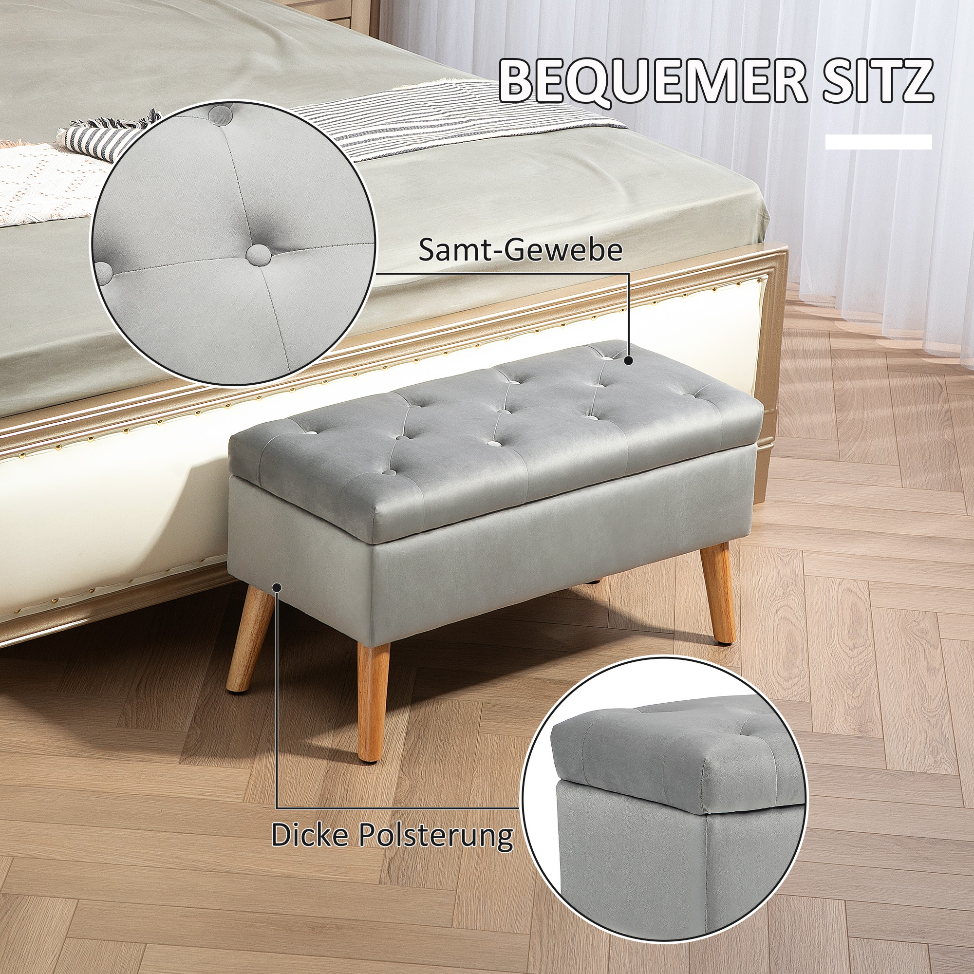 Polsterbank mit Stauraum, Stoffbezug in Samtoptik, Holzbeine, für Wohnzimmer, Schlafzimmer, Flur, 80 x 35 x 42 cm, Grau