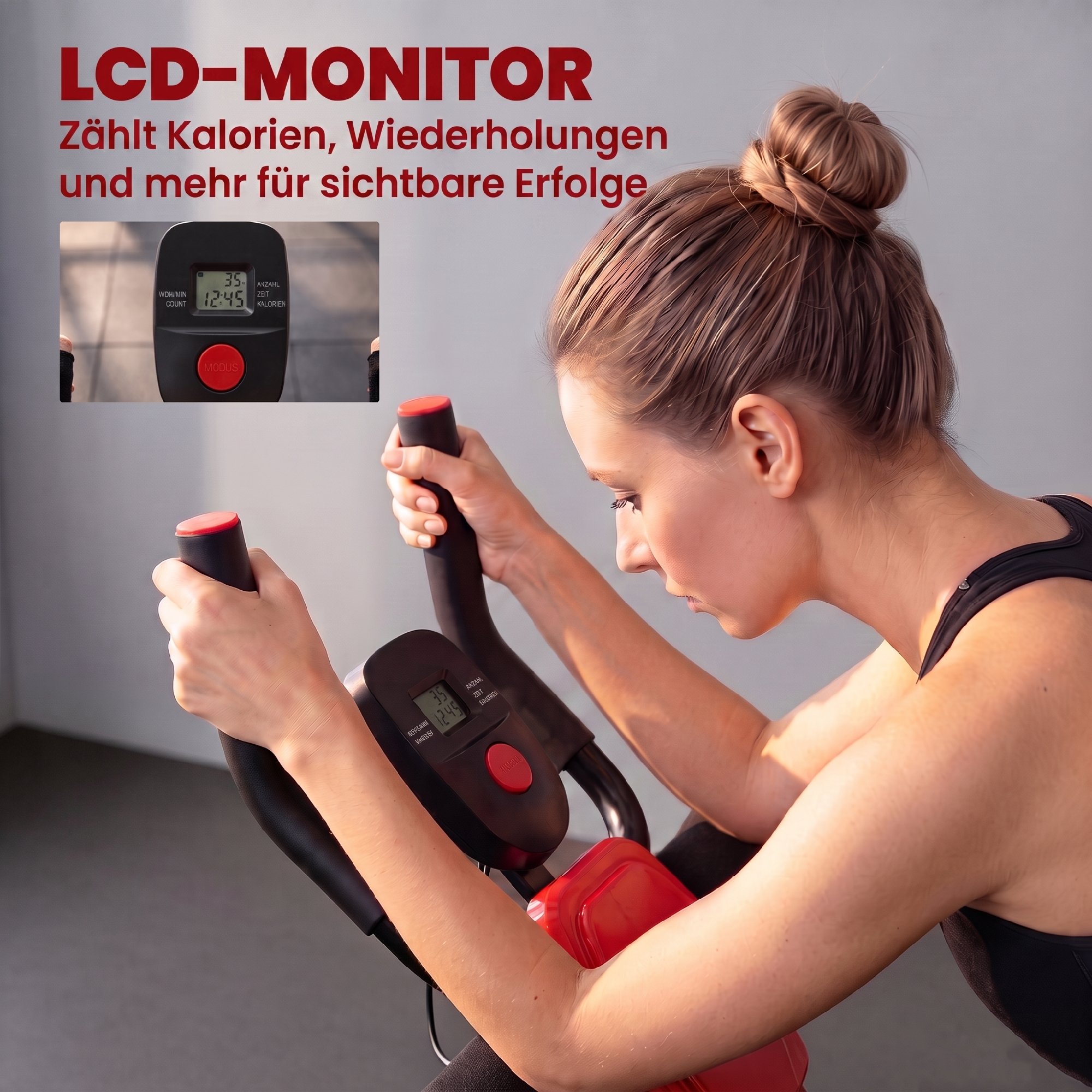 Bauchtrainer, Klappbarer Bauchmuskeltrainer mit LCD-Anzeige, Doppel-Schienen belastbar bis 120 kg, Stahl, Rot