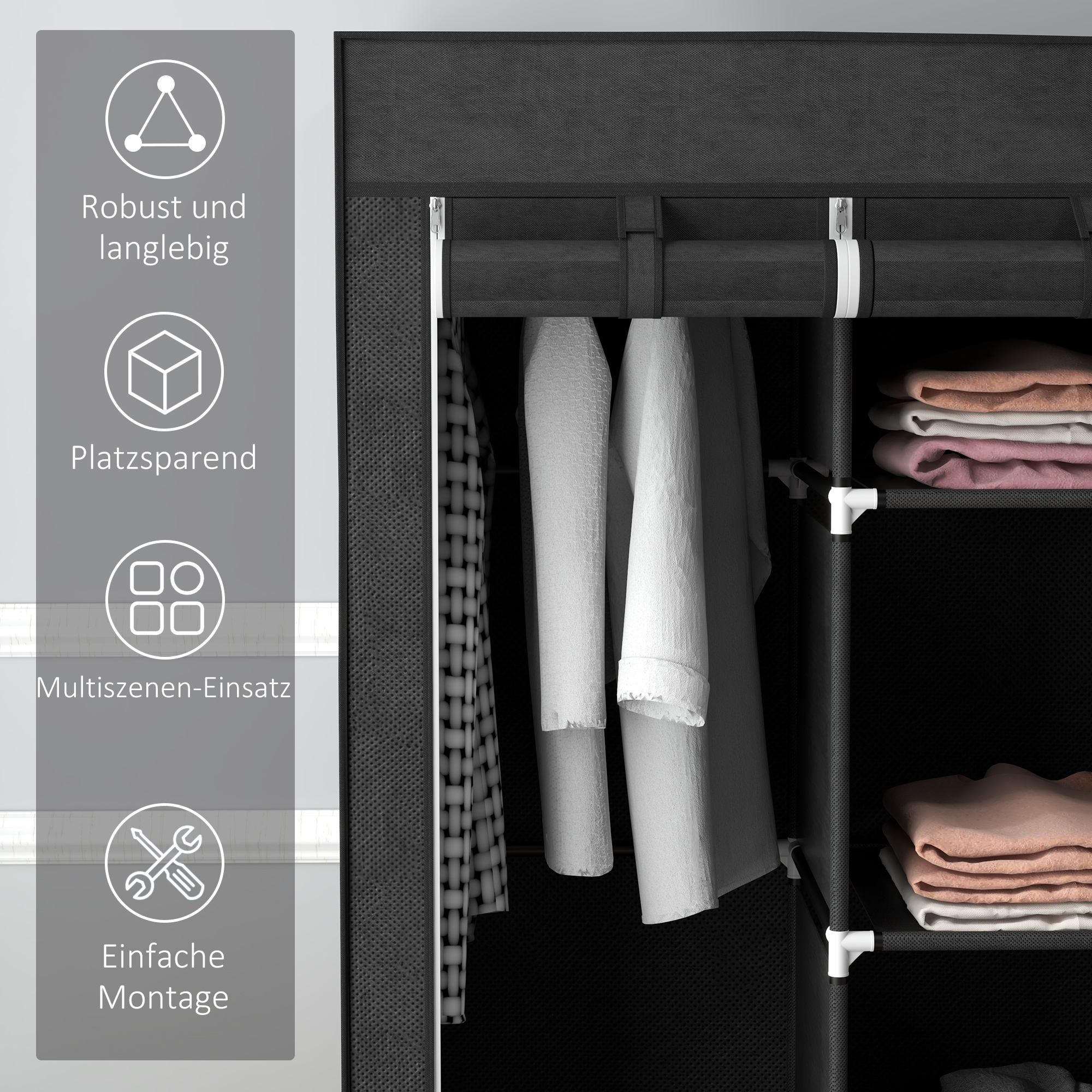 Stoffschrank aus Vlies, Faltschrank, inkl. 3 Schubladen, 125 cm x 43 cm x 162,5 cm, Schwarz