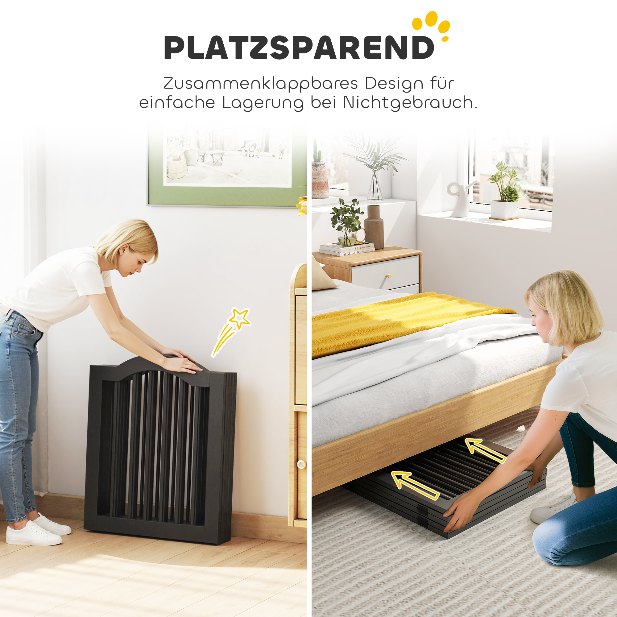 Absperrgitter Hund Freistehendes Schutzgitter mit Füßen, Klappbar Hundegitter, 5 Paneelen, 261,5 x 29,5 x 61 cm, Schwarz