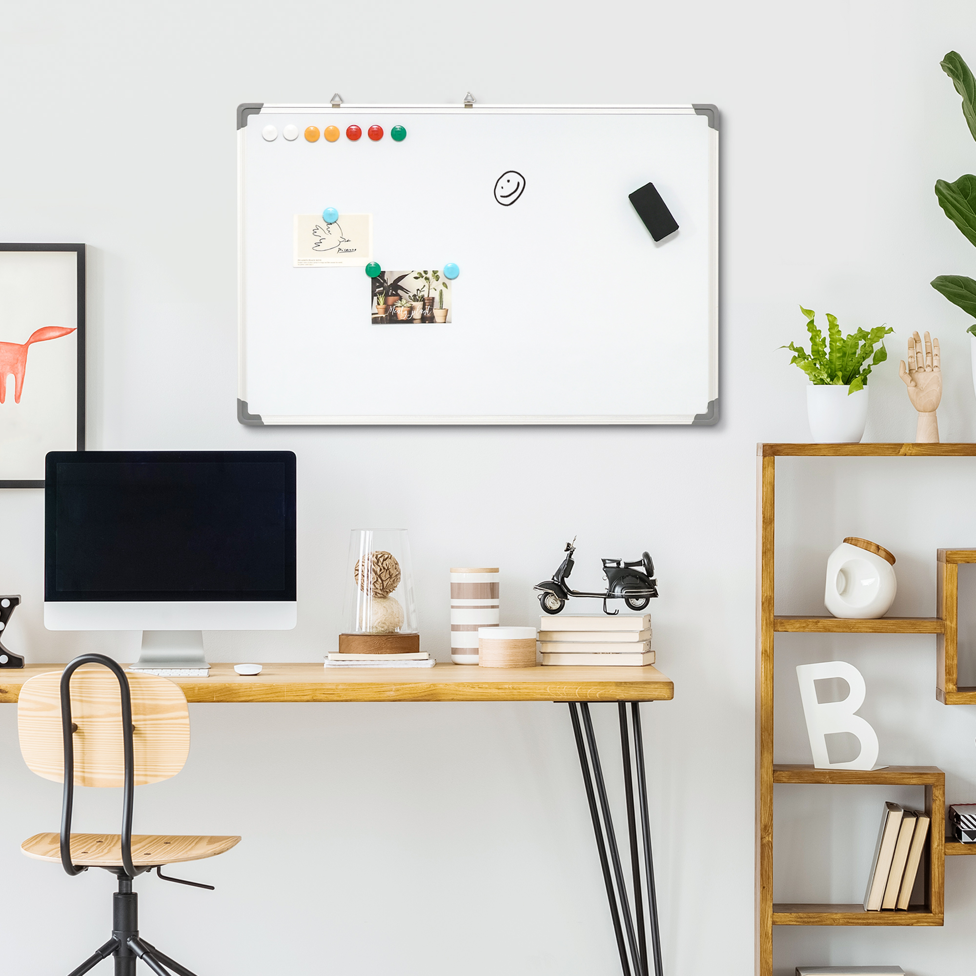Whiteboard, Magnettafel, Notiztafel, inklusive Zubehör, 4 Stifte, 1 Schwamm, 10 Magnete, Weiß + Silber