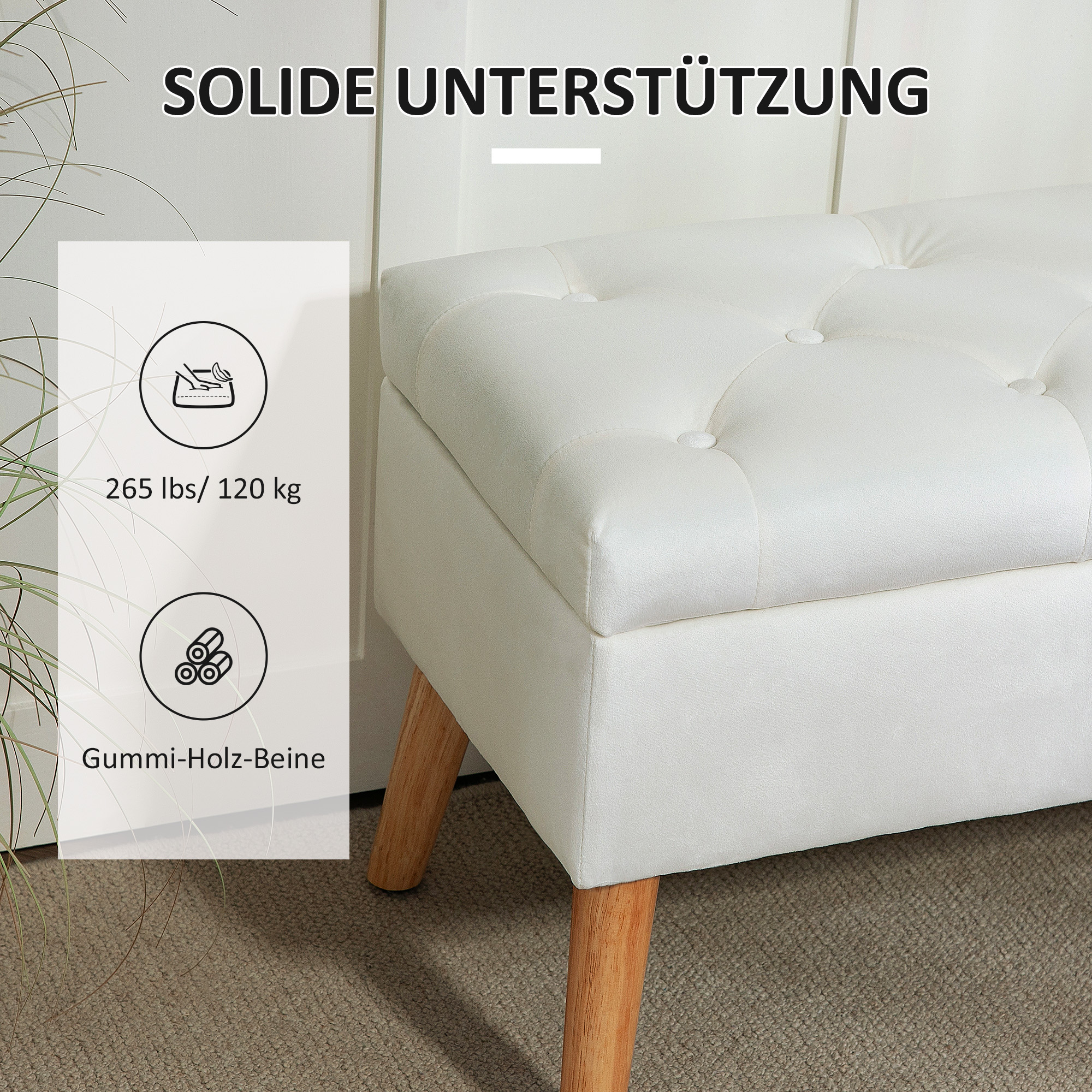 Polsterbank mit Stauraum, Stoffbezug in Samtoptik, Holzbeine, für Wohnzimmer, Schlafzimmer, Flur, 80 x 35 x 40 cm, Weiß