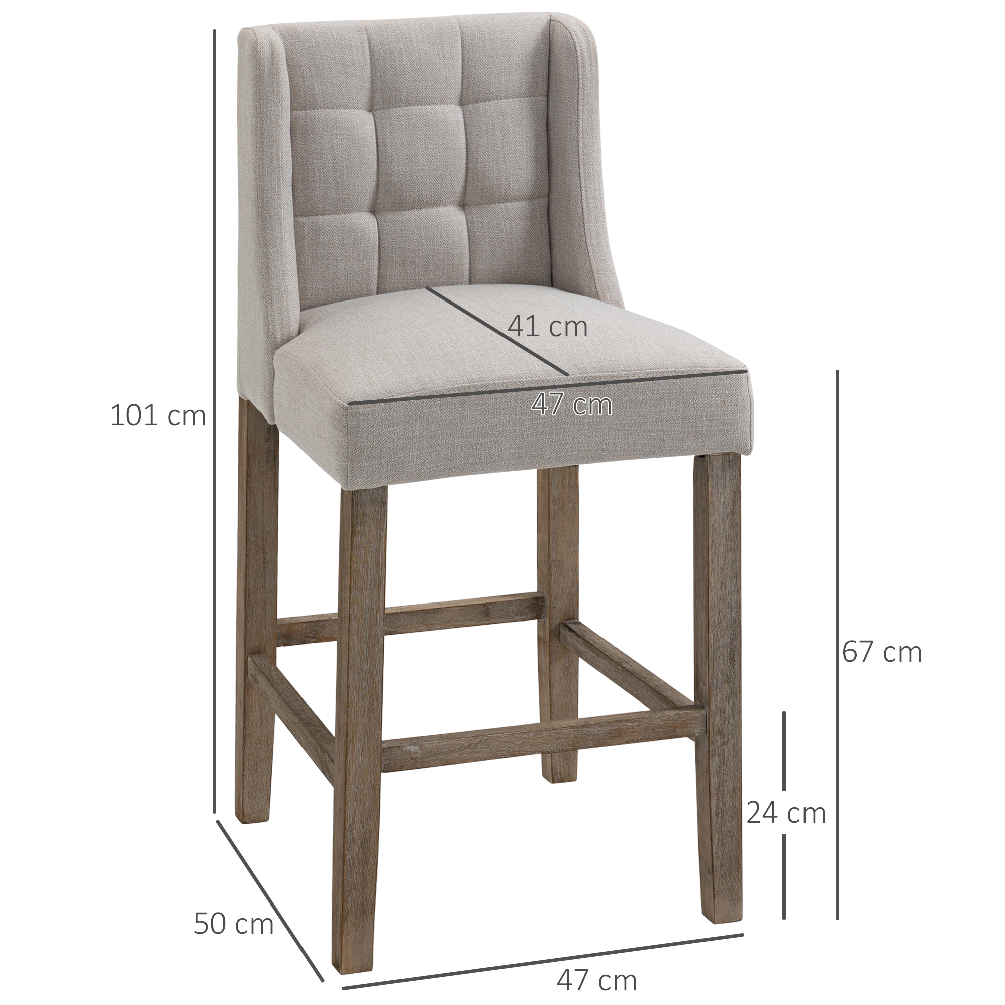 2er-Set Barhocker mit lehne Barstühle mit Knopfheftung, Massivholz, inkl, Fußstütze, 47 cm x 50 cm x 101 cm, Grau + Natur