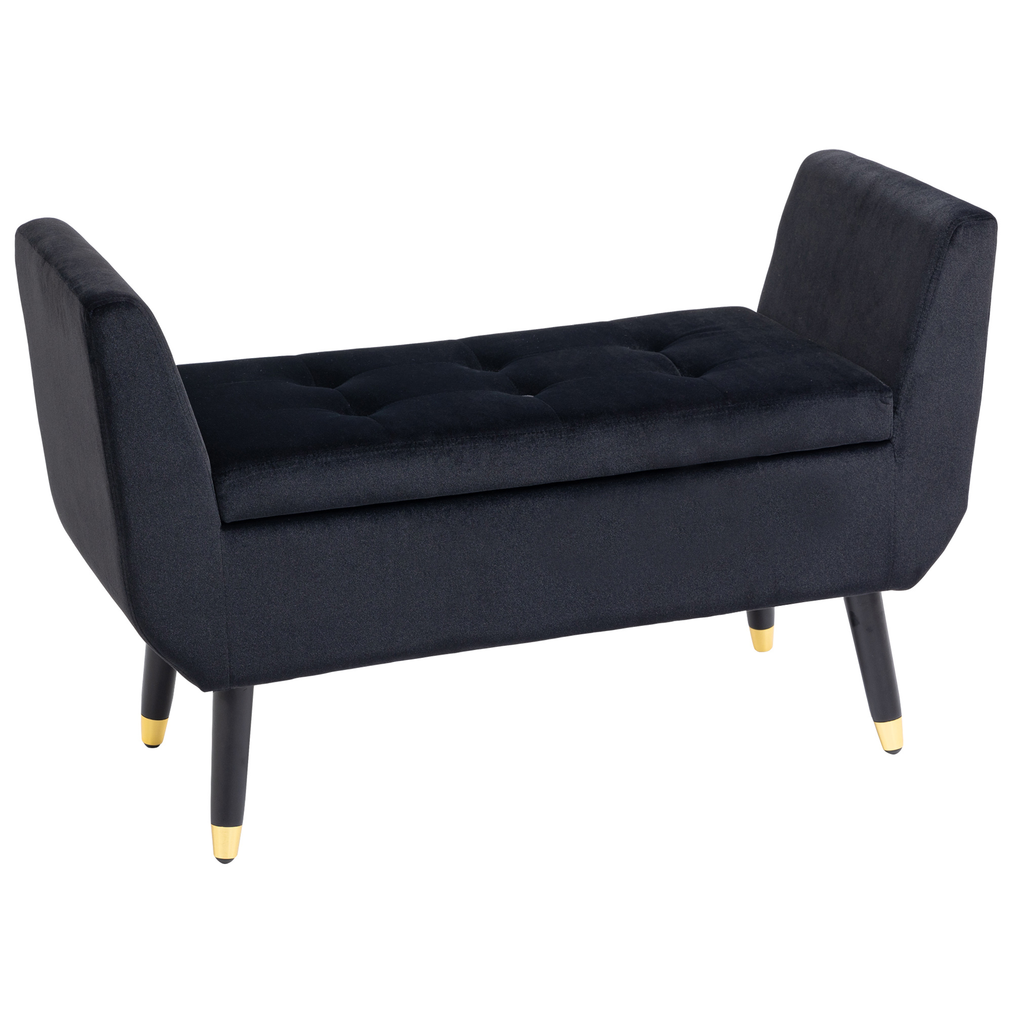 Sitzbank mit Stauraum Armlehnen Polsterbank mit Samtoptik, Sitztruhe mit Holzbeine, Truhenbank für Wohnzimmer Schlafzimmer Flur 107 x 42 x 65 cm, Schwarz