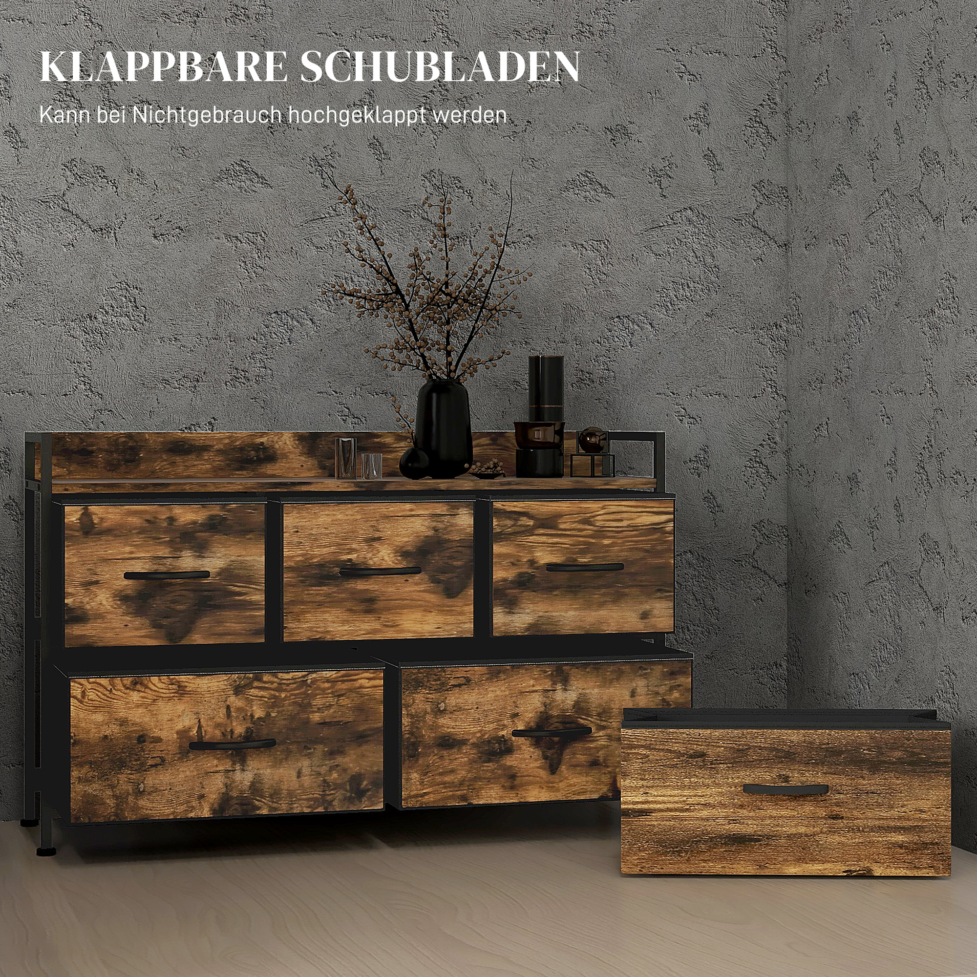 Kommode mit faltbaren Stoffschubladen, Melaminholz, Stahlrahmen, Braun