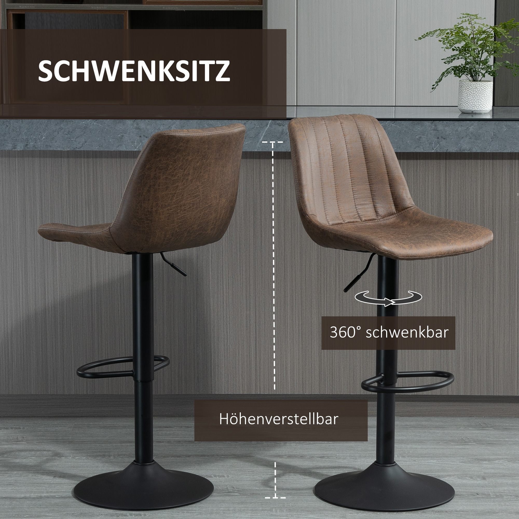 2er-Set Barhocker im Retrodesign, inkl. Fußstütze, höhenverstellbar, Gaslift, Braun + Schwarz