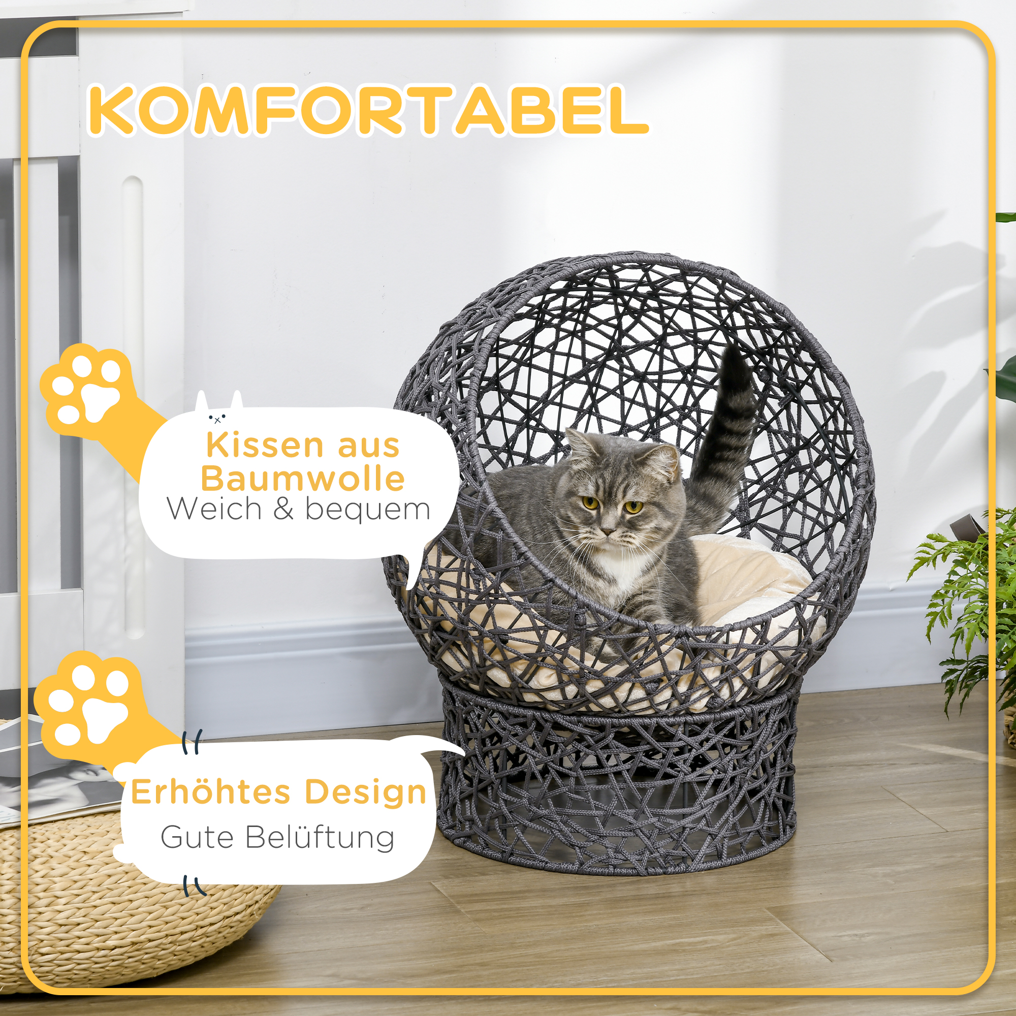 Katzenkorb, Katzenhöhle inkl, Kissen, 2-teilig, 50 cm x 50 cm x 60 cm, Cremeweiß + Anthrazit