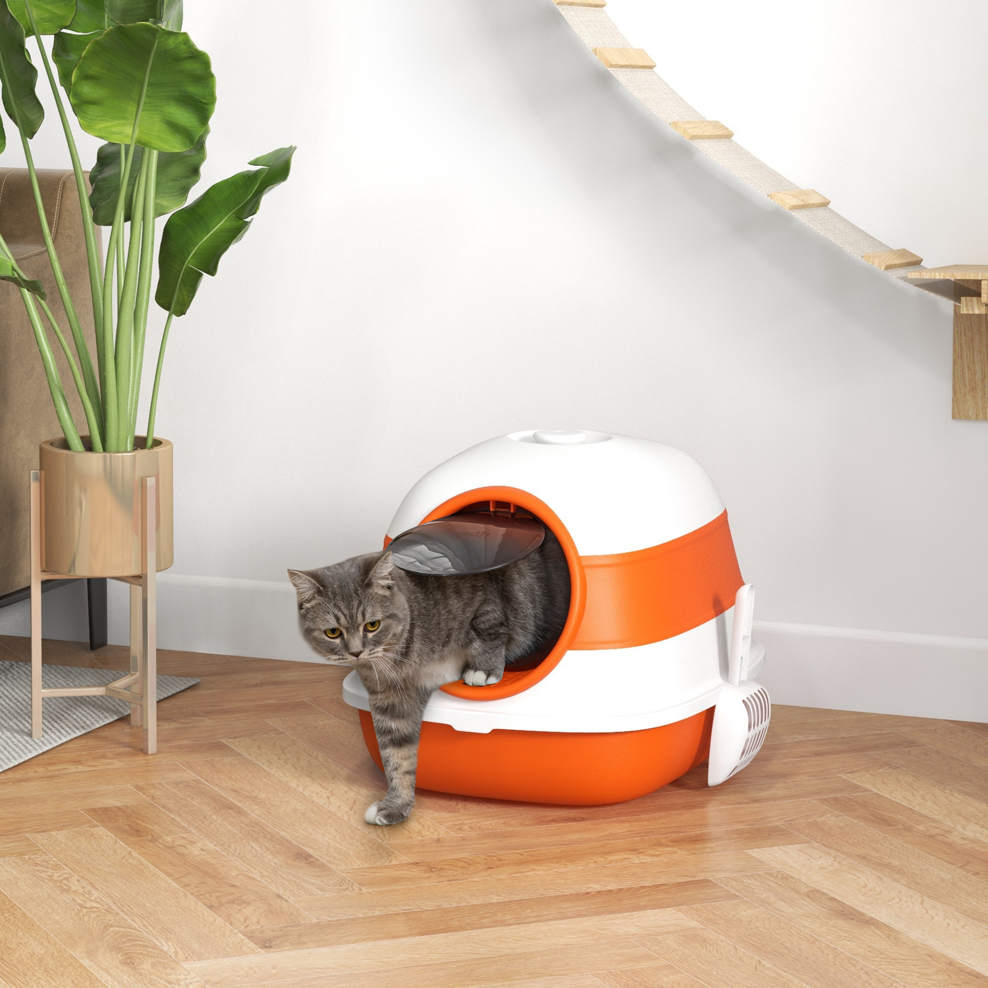 Katzentoilette, mit Deckel und Streuschaufel, für Katzen bis 5 kg, 52x41x38 cm, Weiß/Orange