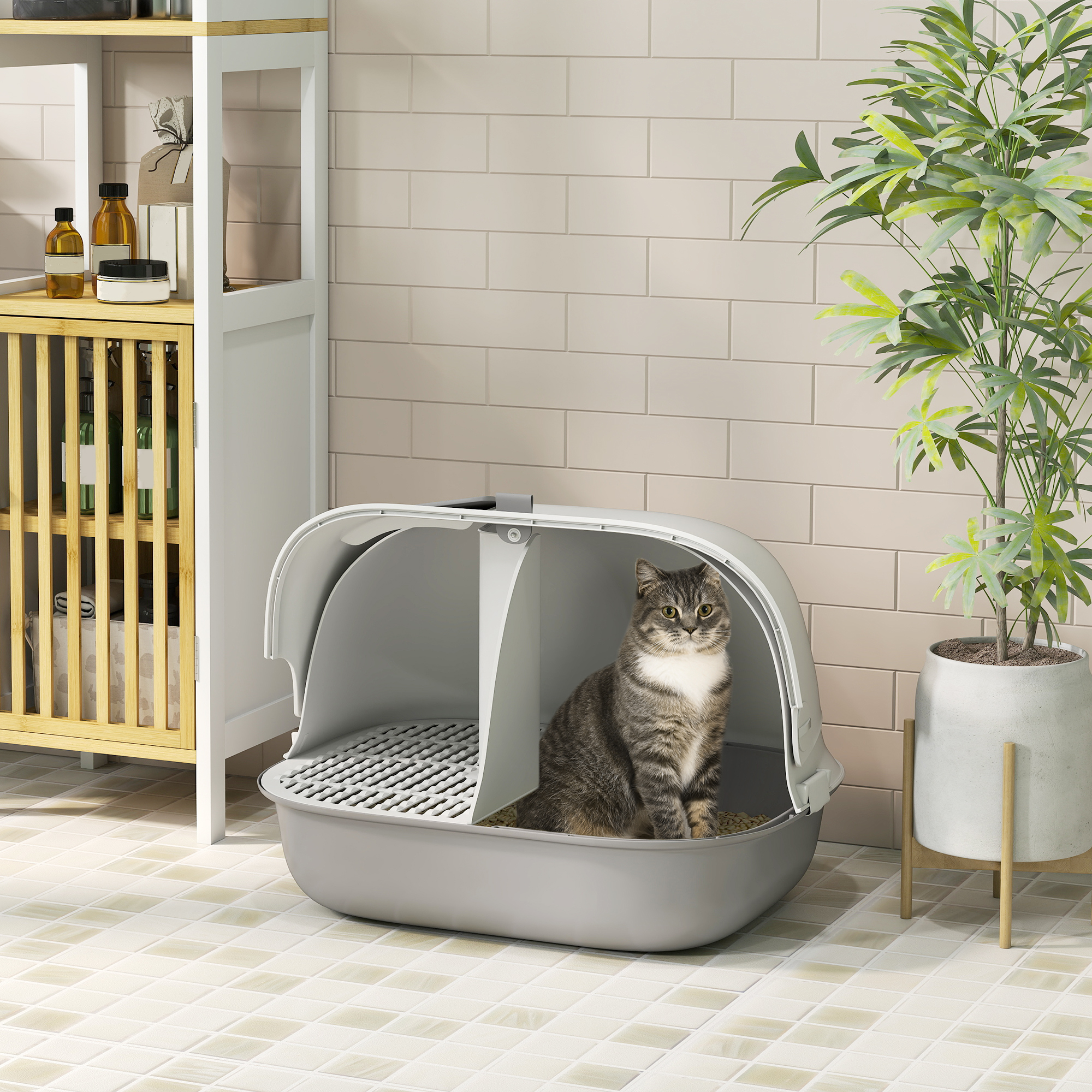 Katzentoilette mit Deckel, Katzenklo mit internem Kanal, Tür, Schaufel, leicht zu reinigen, Kunststoff, Hellgrau