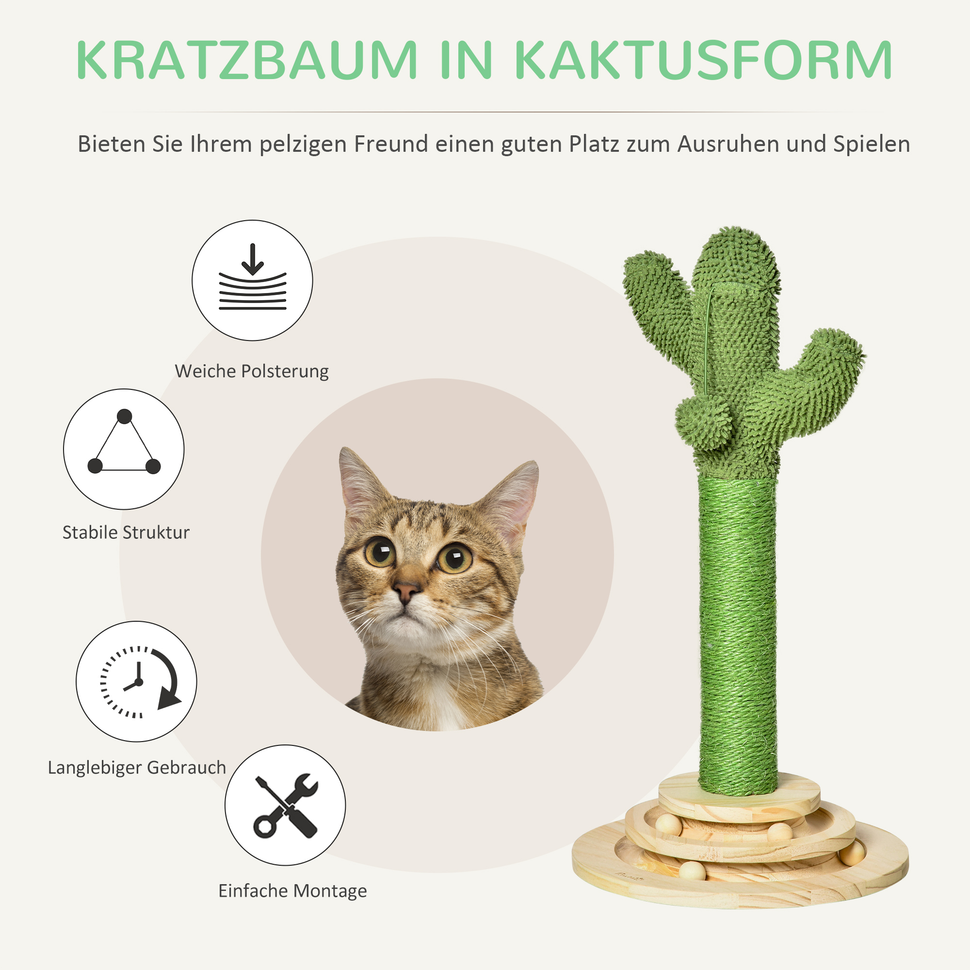 Katzen Kratzbaum Kaktus Katzenbaum Kiefernholz Sisal Seil Kratzstamm mit Holzkugel-Katzenspielzeug für Katzen 60 cm Hoch Grün+Natur