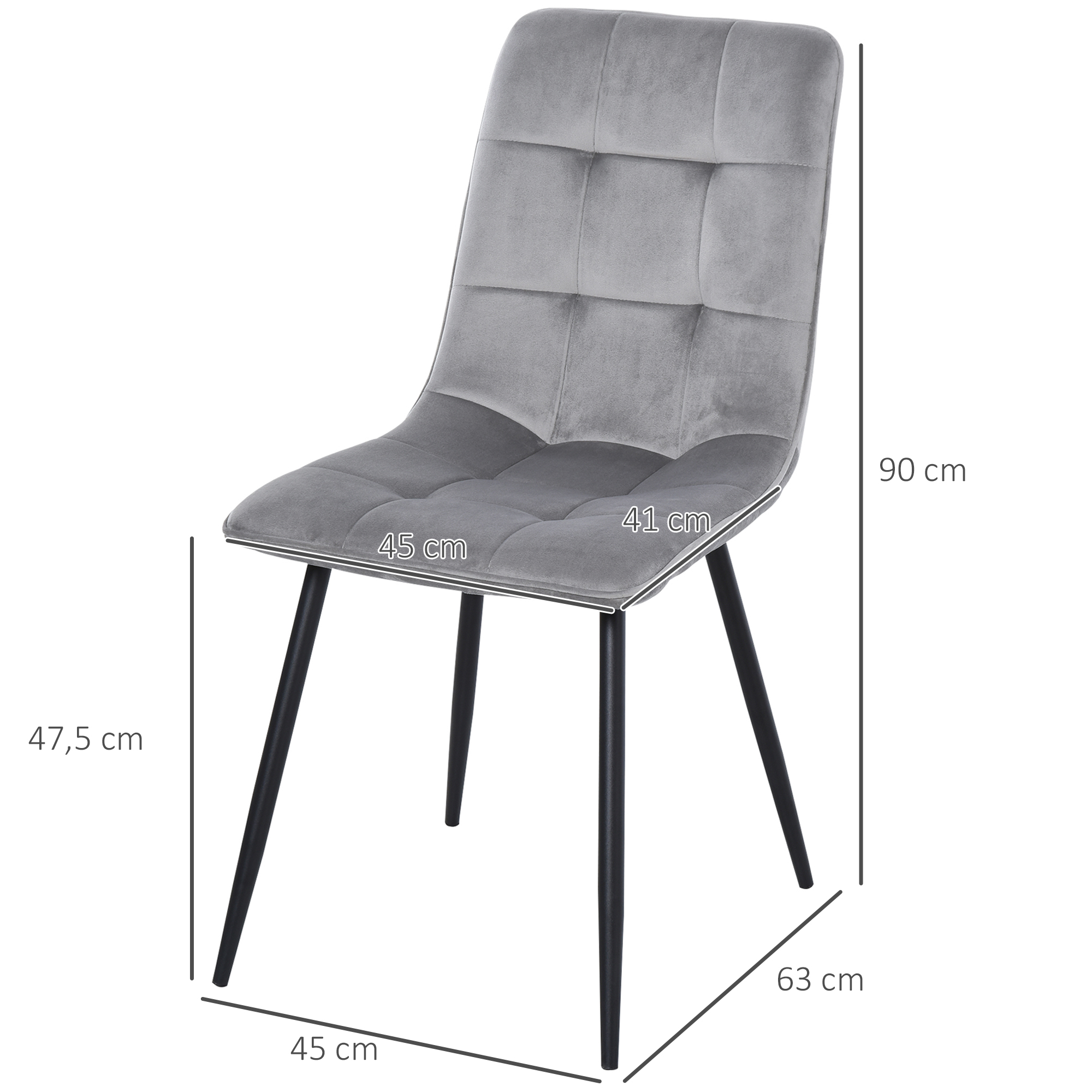 2er-Set Esszimmerstuhl Polsterstuhl Küchenstuhl mit Samt-Optik Esstisch Samt Metall Grau+Schwarz 45 x 63 x 90 cm