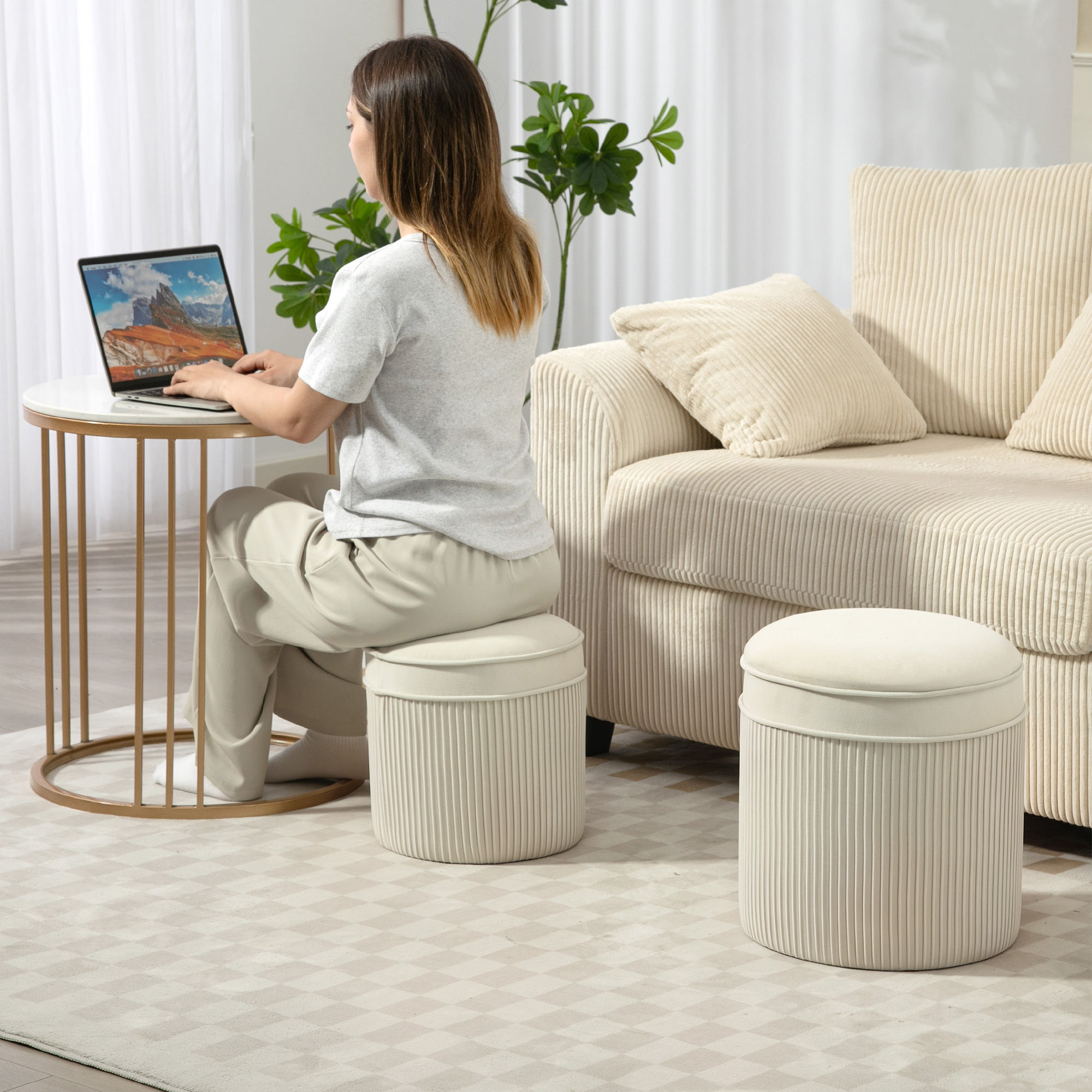 2er Set Sitzhocker mit Stauraum Hocker mit Deckel, Runder Fußhocker mit Samtoptik 36 x 36 x 41,5 cm Cremeweiß