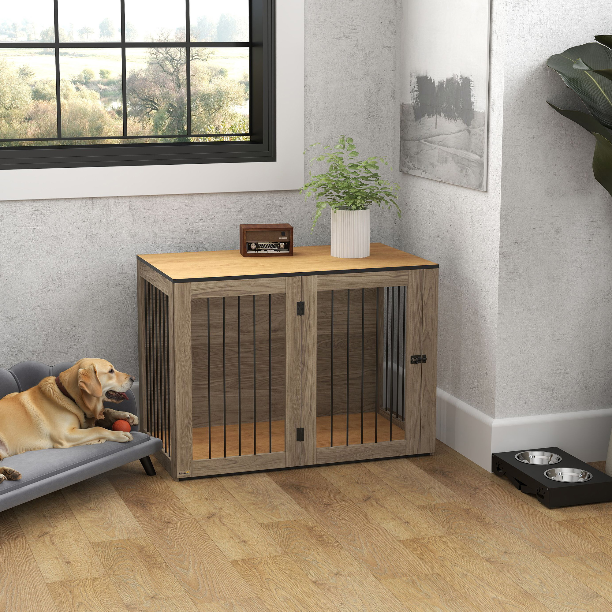 Hundebox, Haustierbox für große Hunde, Hundehütte, Indoor, 106 x 60 x 76 cm, Eiche