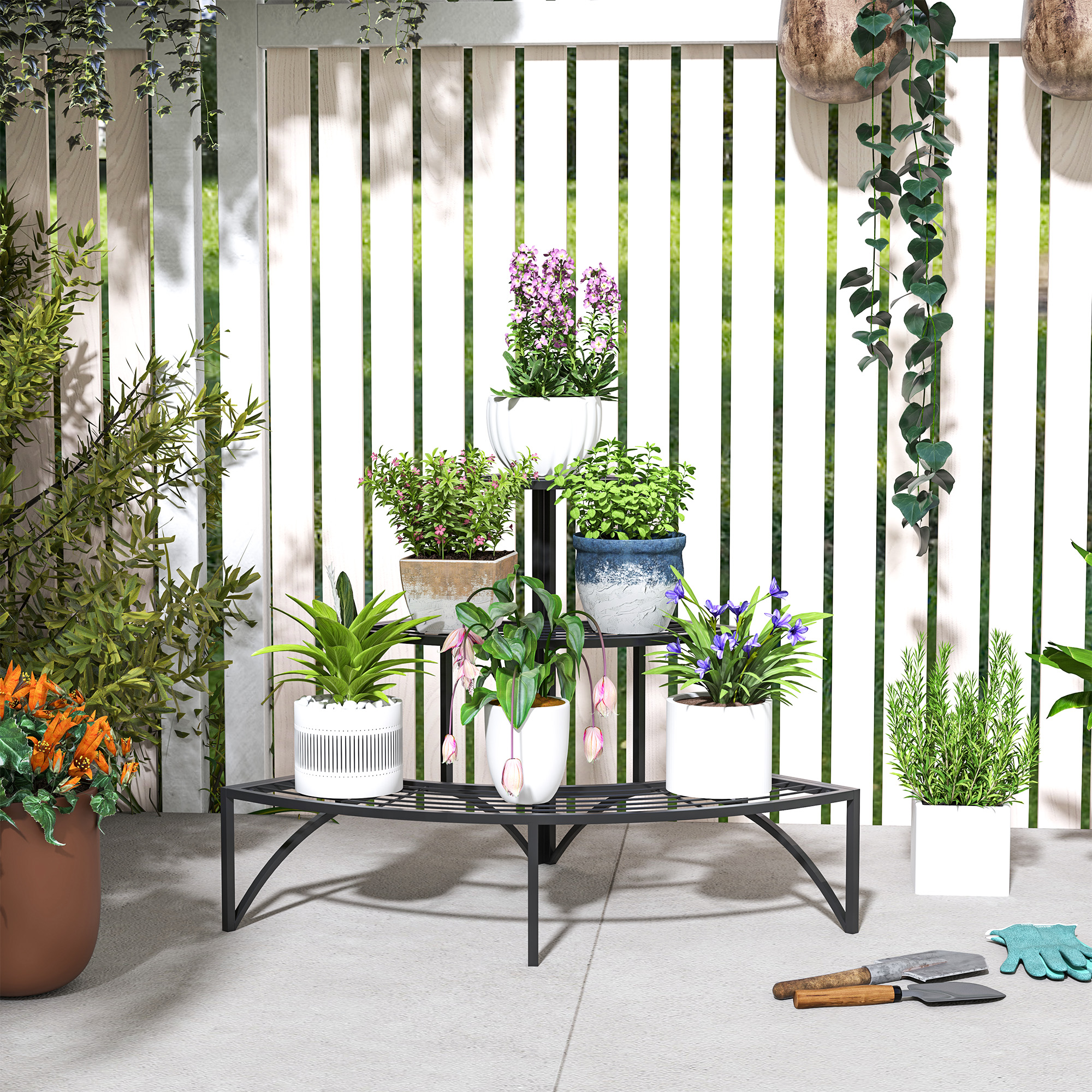Eckpflanzenständer, Blumenständer mit 3 Ebenen, Metall, für drinnen und draußen, Blumentopfständer, Schwarz