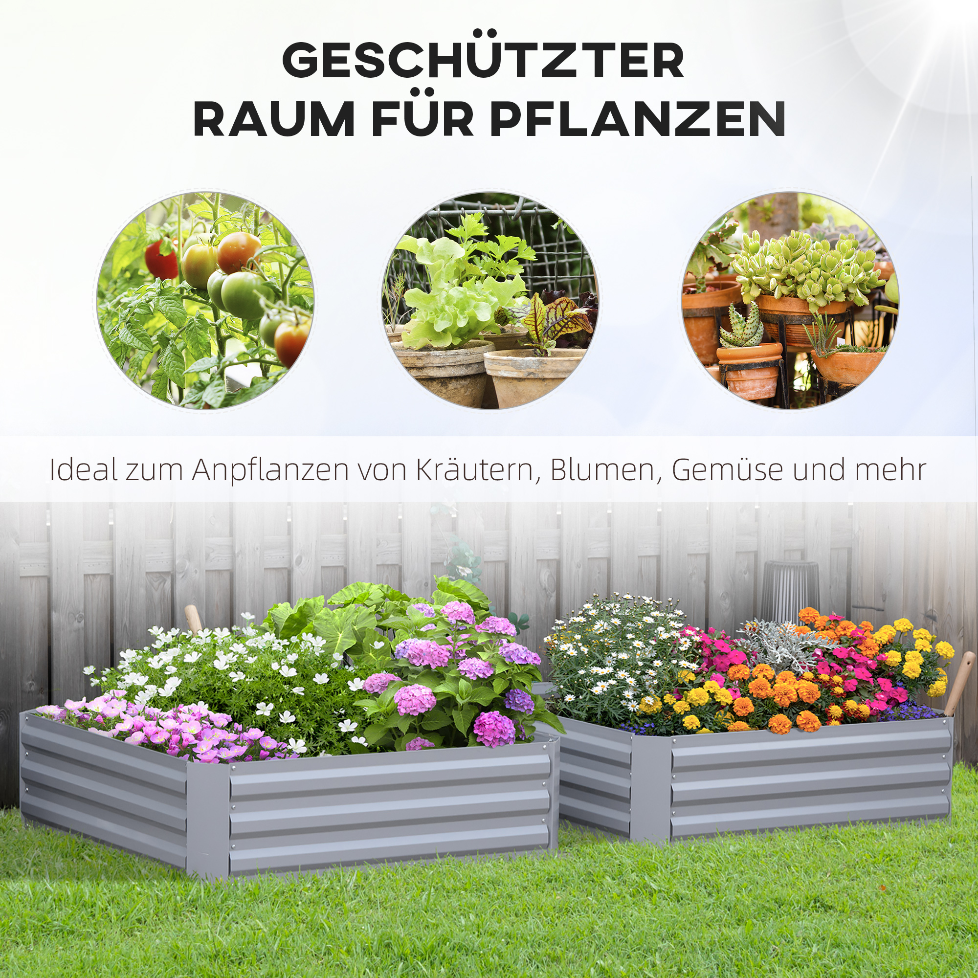 Pflanzkasten, 2er-Set, Blumenkasten, offener Boden, Stahlrahmen, grau, (2 x) 100 x 100 x 30 cm