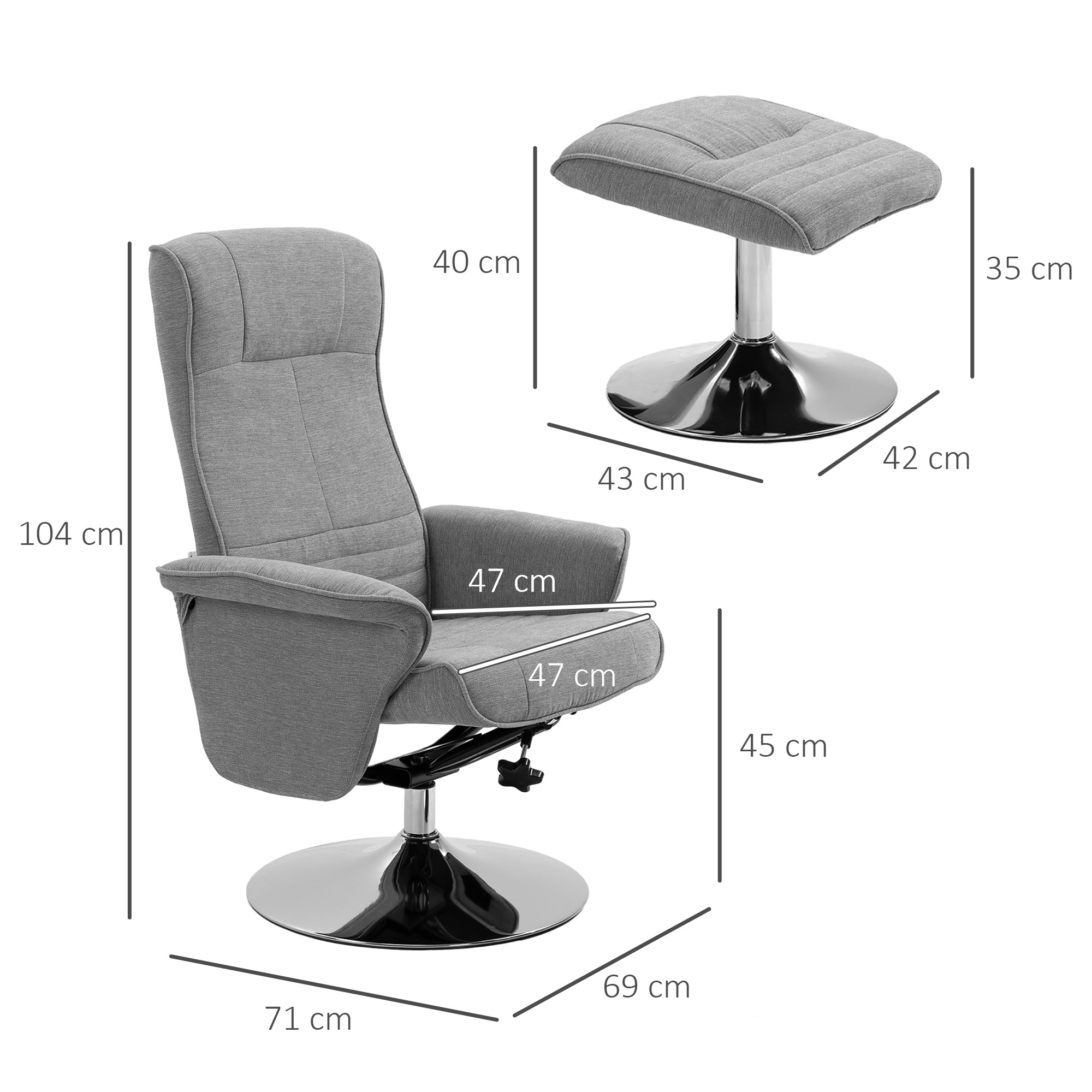Relaxsessel mit Hocker, drehbar, neigbare Rückenlehne, bis 150 kg, 69 x 71 x 104 cm, Grau