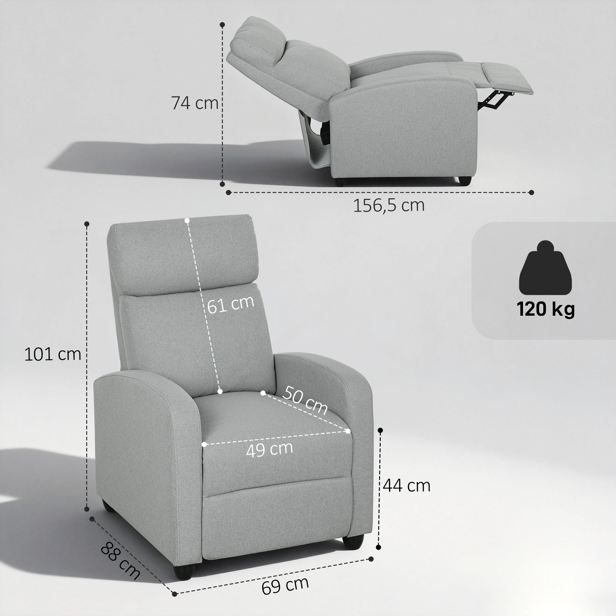 Relaxsessel, verstellbar 135°, ausziehbare Fußstütze, gepolsterte Lehnen, Leinen-Polyester, Hellgrau