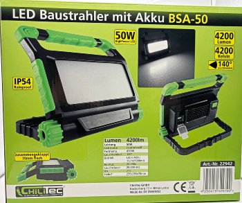 LED Baustrahler mit Akku "BSA-50", 50W, 4200lm, 4500K / neutralweiß