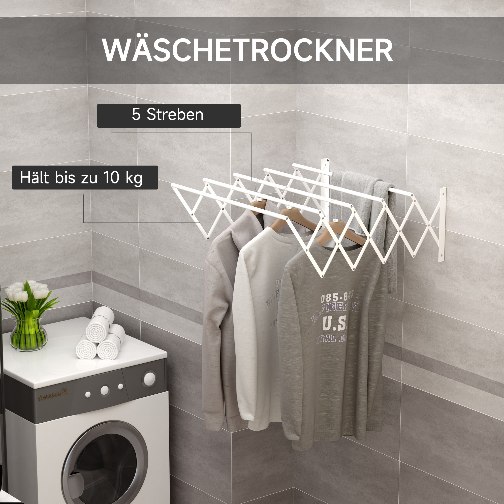 Wäscheständer für Wandmontage ausziehbar klappbar platzsparender Wäschetrockner, Wandwäschetrockner für Innen und Außen, Weiß, 63,5 x 60 x 20 cm