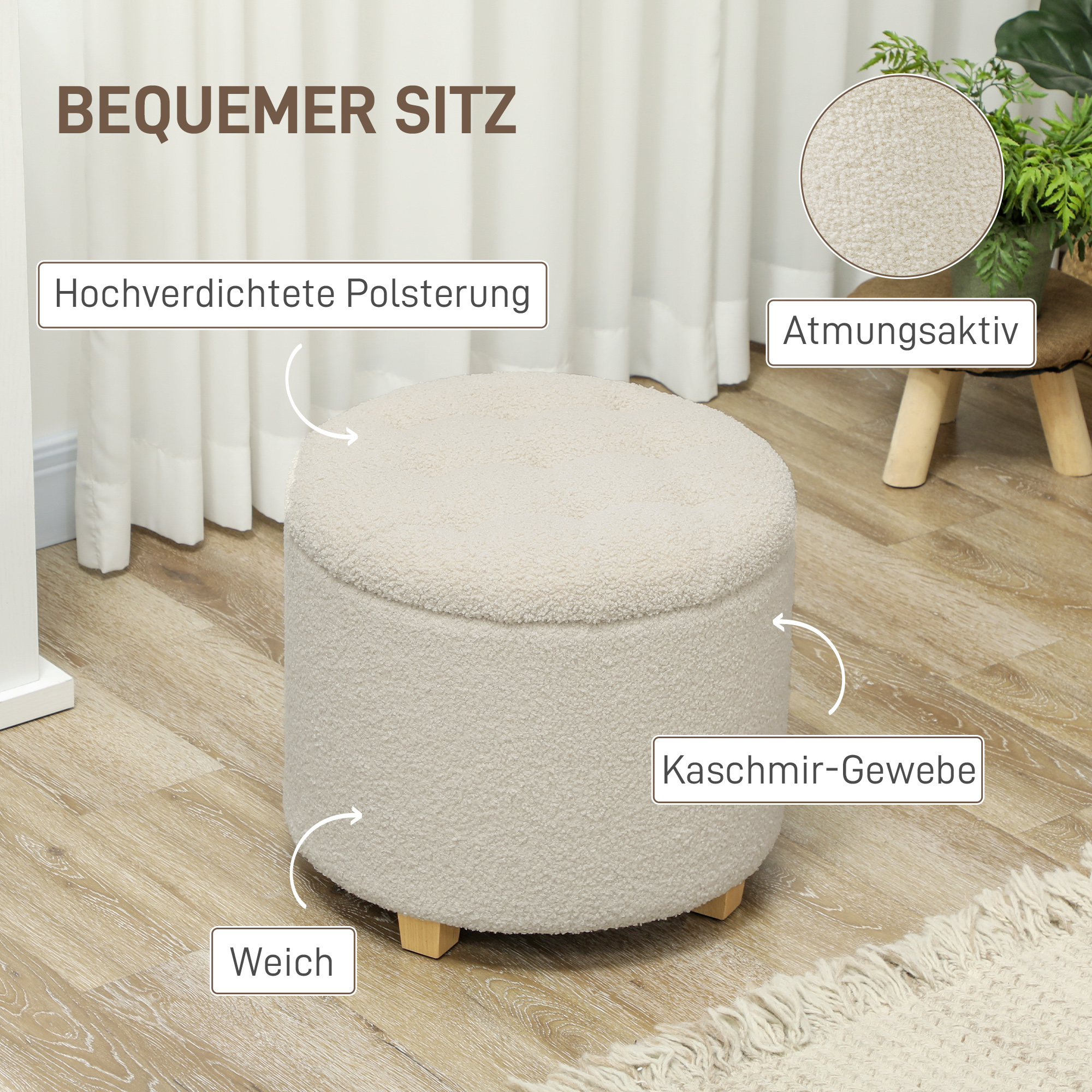 runder Sitzhocker mit Stauraum, Deckel und Holzbeinen, Fußhocker für Wohnzimmer, Flur, Schlafzimmer, Cremeweiß
