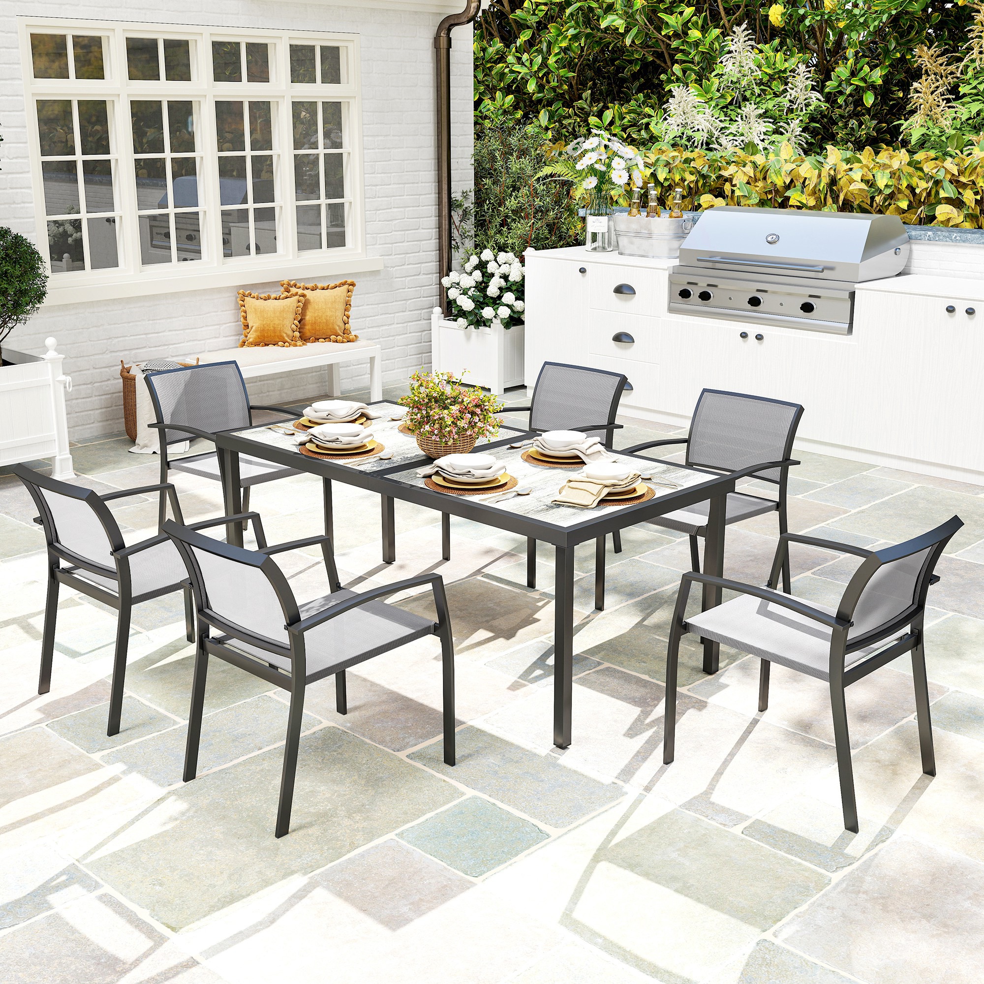 7-teiliges Ess-Set, 6 Stühle, 1 Tisch, stapelbar, leicht zu reinigen, Stahlrahmen, Gartenmöbel-Set, Grau