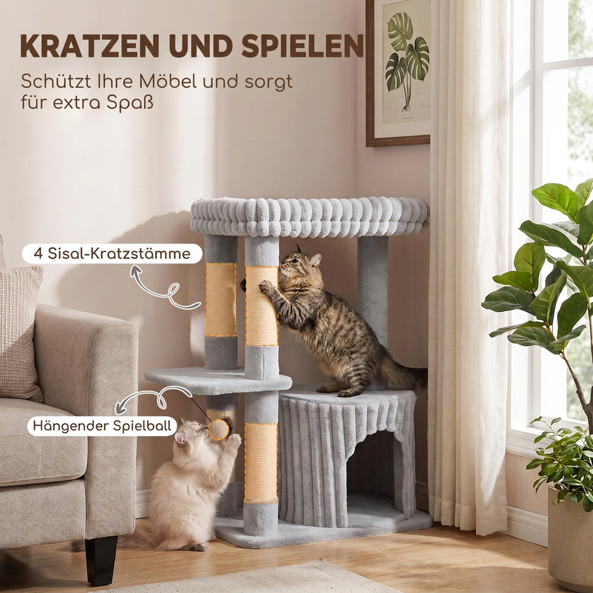 Katzenbaum, 93 cm 3 stufiger Kratzbaum mit Sisal-Kratzstämmen, Kuschelhöhle, großer Liegefläche, Plattform, bis 6 kg
