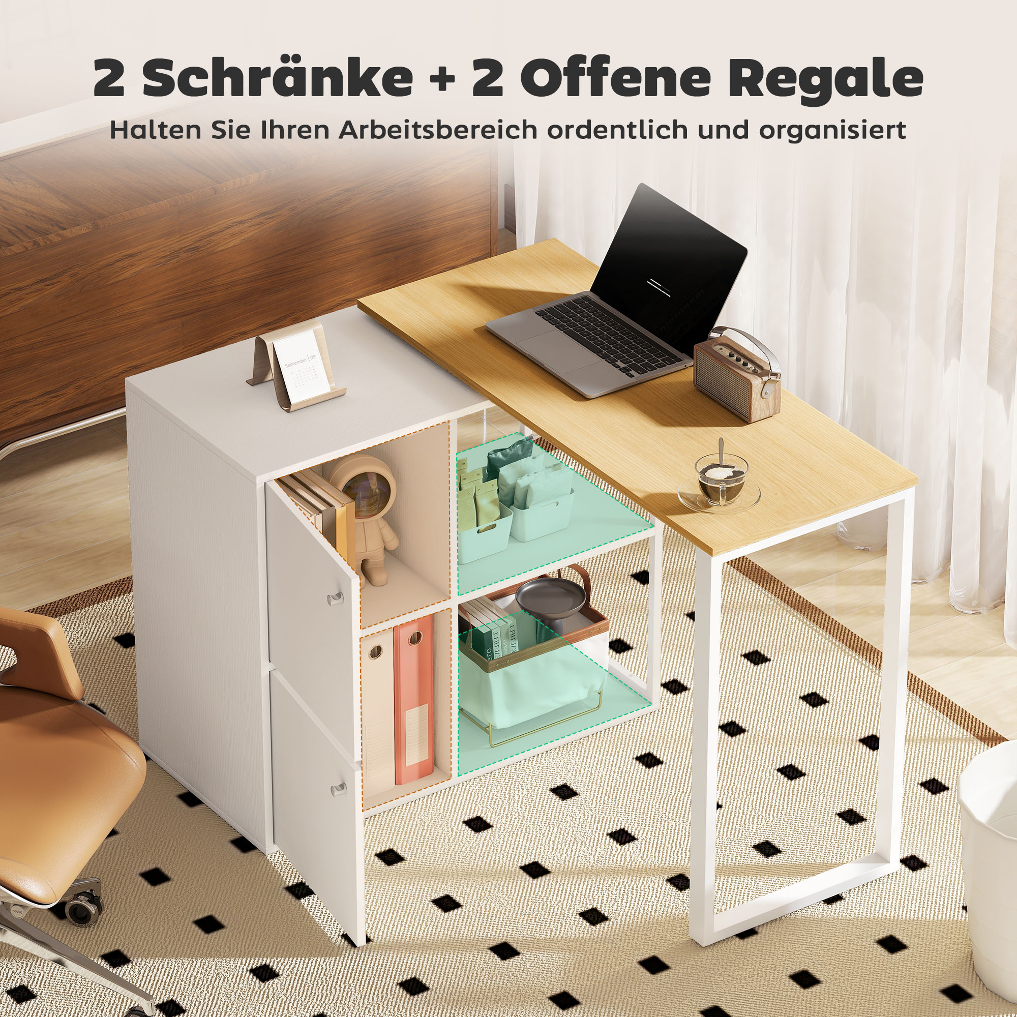 Schreibtisch L-förmig, 360° drehbarer Eckschreibtisch mit 2 Lagerschränken, 2 offenen Regalen, Computertisch für kleine Räume, Arbeitszimmer, Wohnzimmer, 150x40x75 cm, Weiß