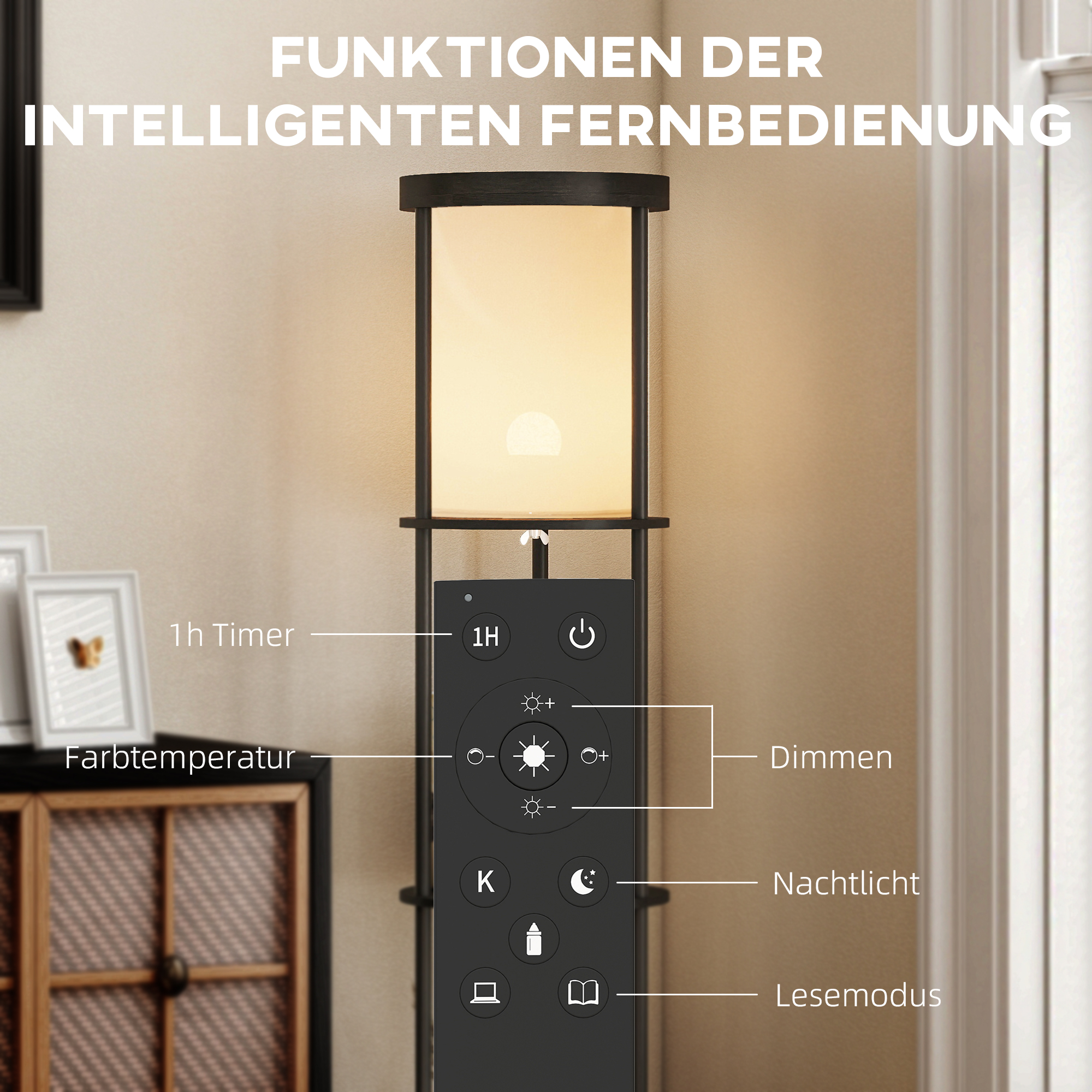 Stehlampe mit 3 Regalen, rundes Design, Fernbedienung, Fußschalter, verstellbare Lichtwärme, für Wohnzimmer, Schwarz