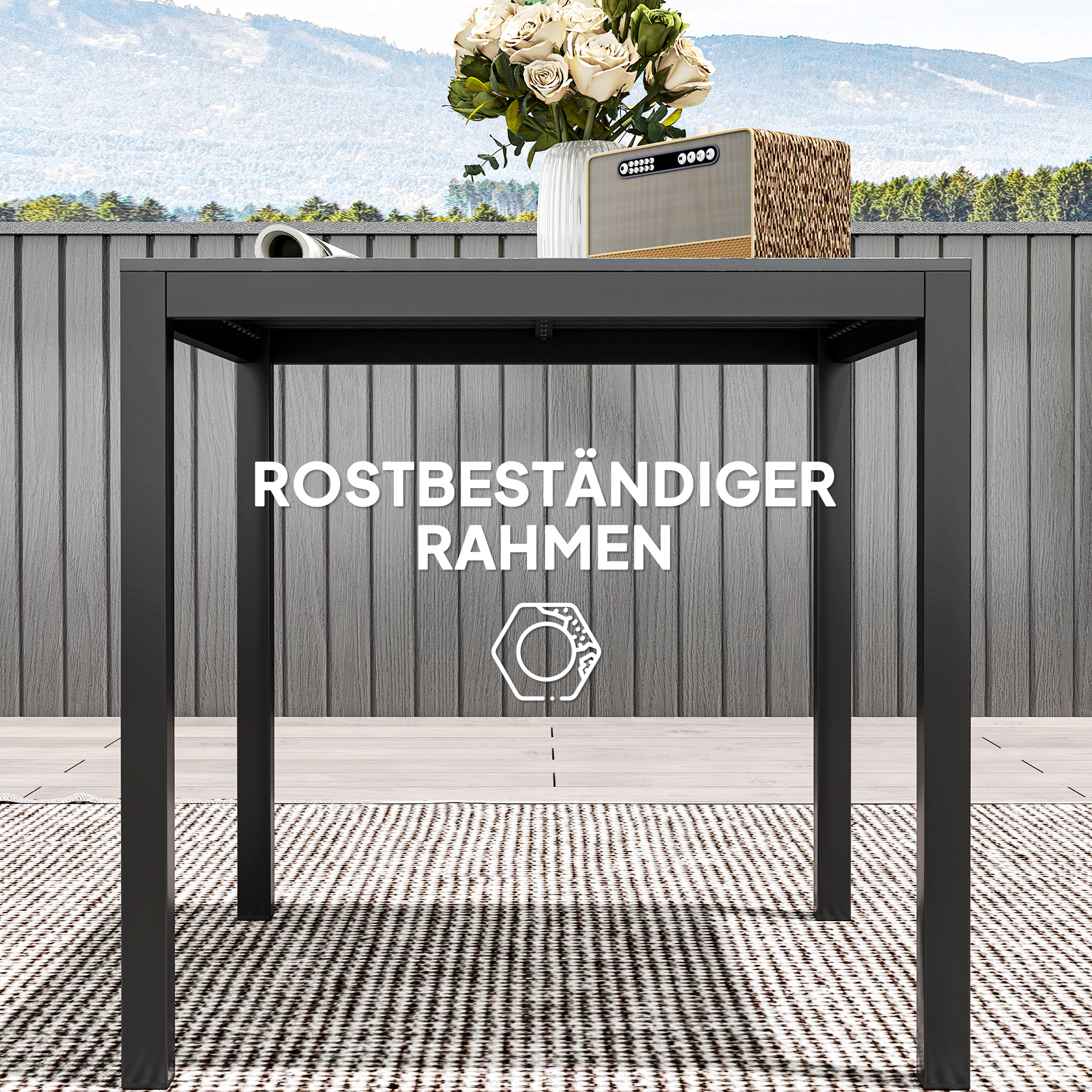 Gartentisch Aluminium 73x73 cm Wetterfest Buffettisch mit Holzoptik, Campingtisch für 4 Personen Schwarz