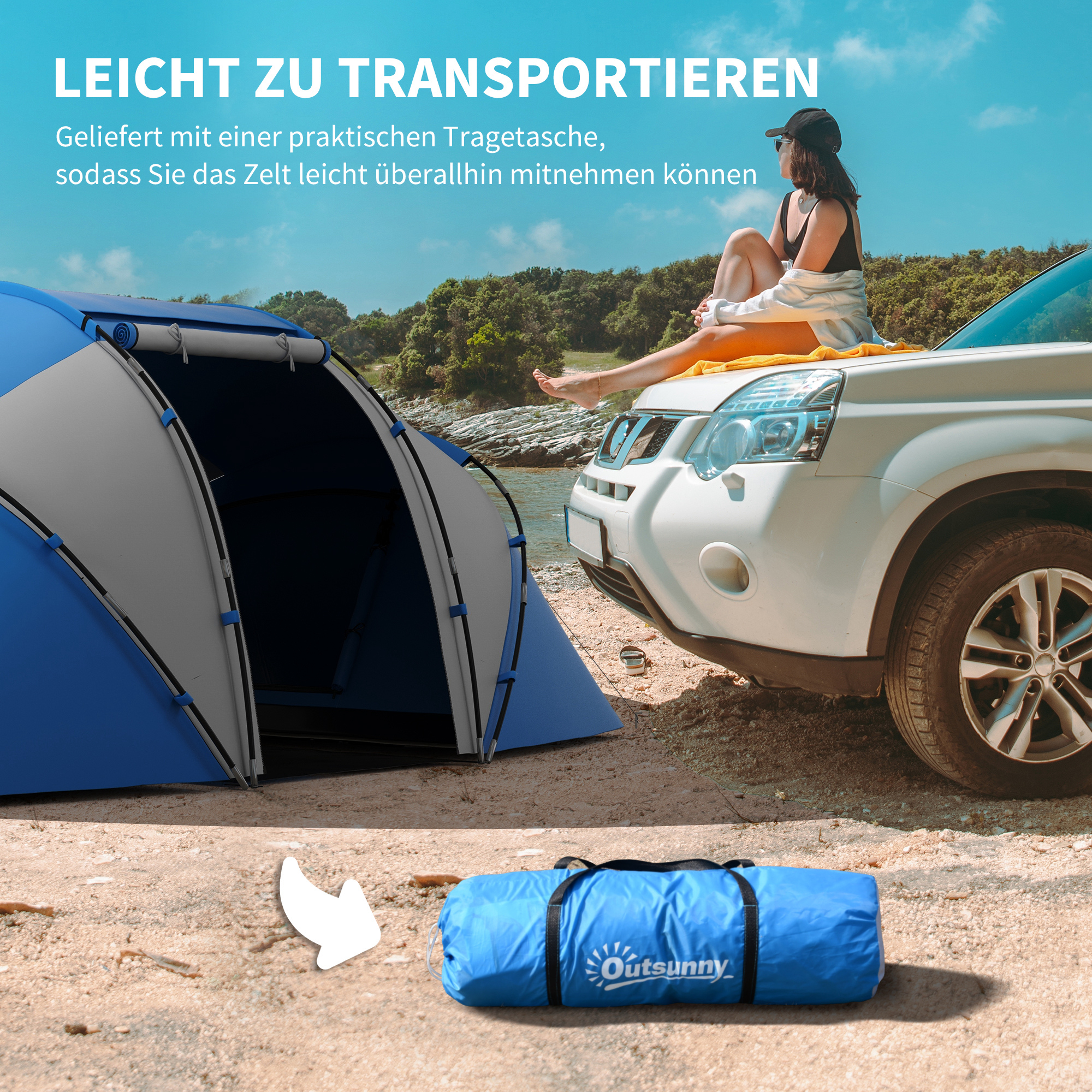 Campingzelt für 4-6 Personen leicht, stabil wasserdicht Familienzelt mit Eingang Bodenplane, Zelt mit 2000mm Wassersäule Tunnelzelt Kuppelzelt für Camping Reise Trekking Garten, Blau