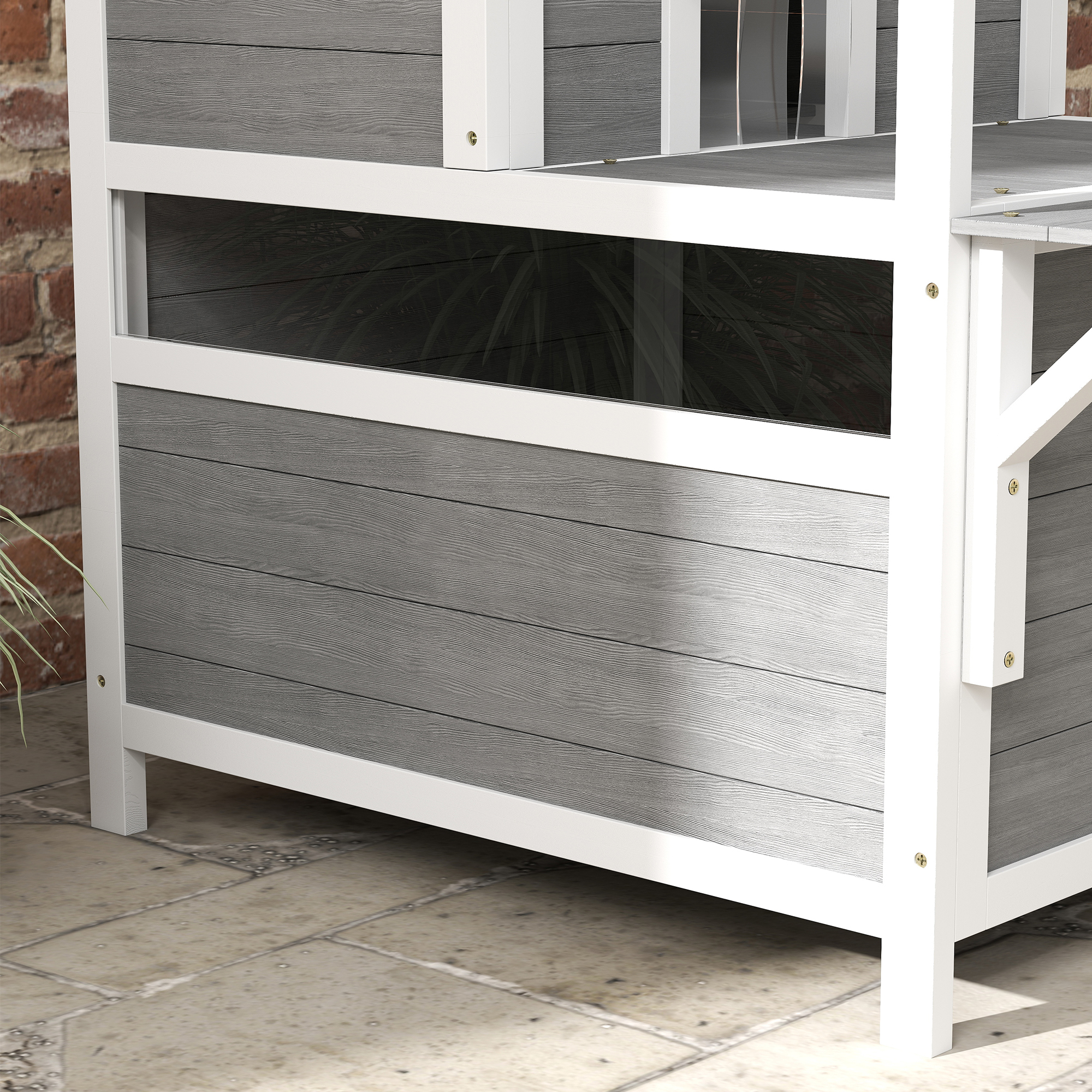 2-stöckiges Katzenhaus mit Balkon, Wetterfeste Katzenhütte, Regen- und Sonnenschutz, für drinnen und draußen, Hellgrau