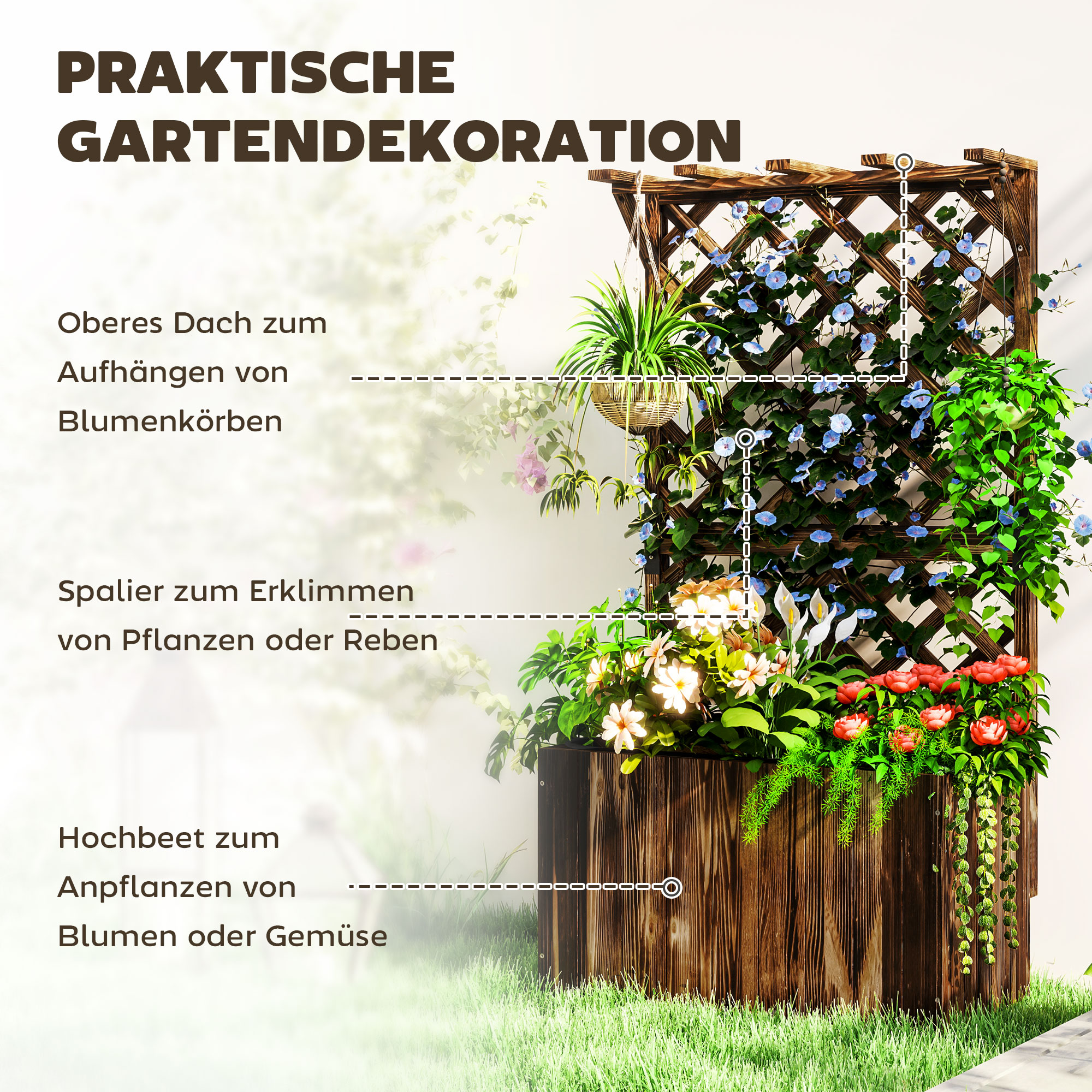 Hochbeet Pflanzkasten mit Rankgitter, Spalier Pflanzkübel Blumenkasten Holz, Gartenspalier 64 x 33 x 122cm Verkohlt