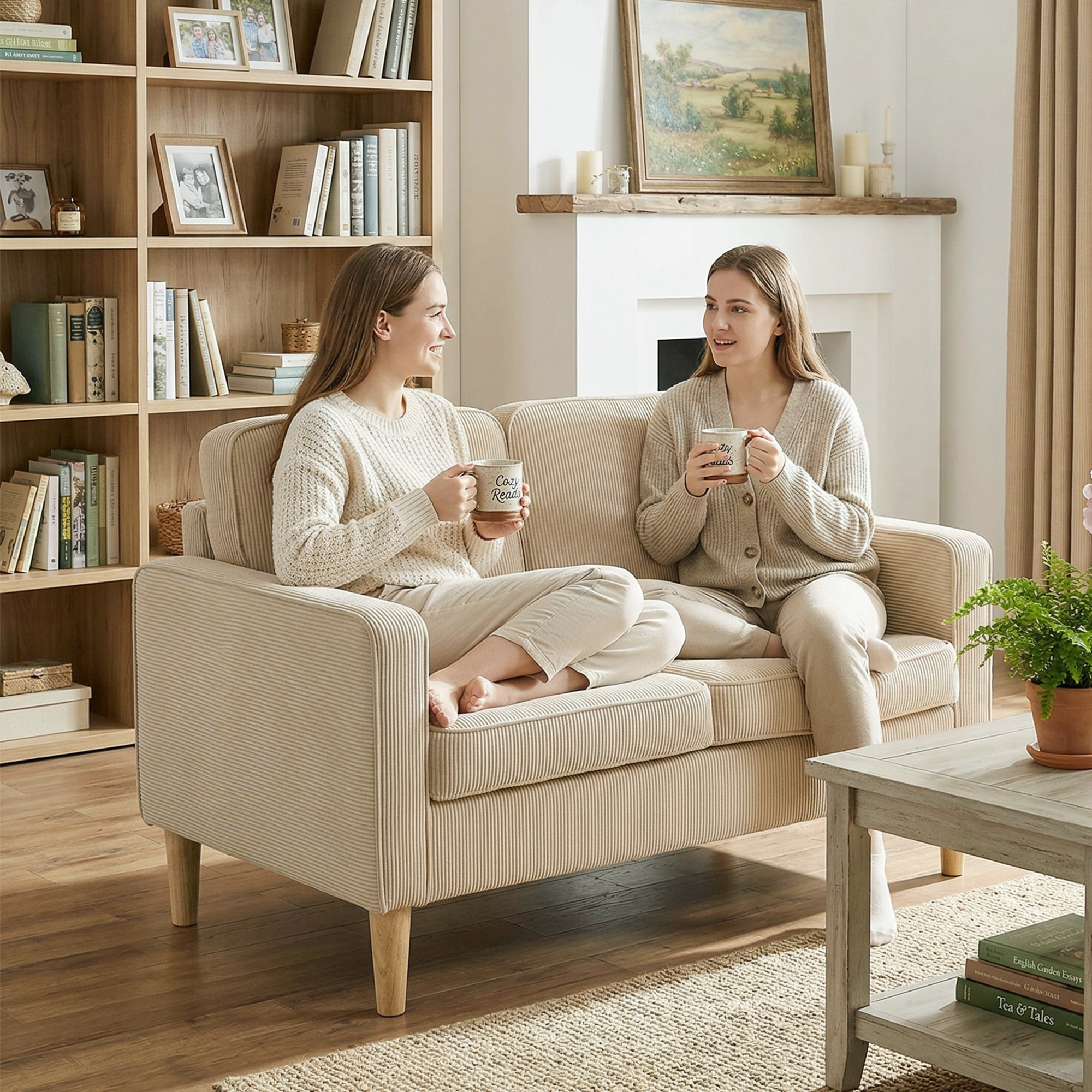 Sofa 2 Sitzer Couch mit 2 Wurfkissen, Stauraum Massivholzfüßen Kleine modern Loveseat Corduroy 117 x 63 x 79 cm Beige