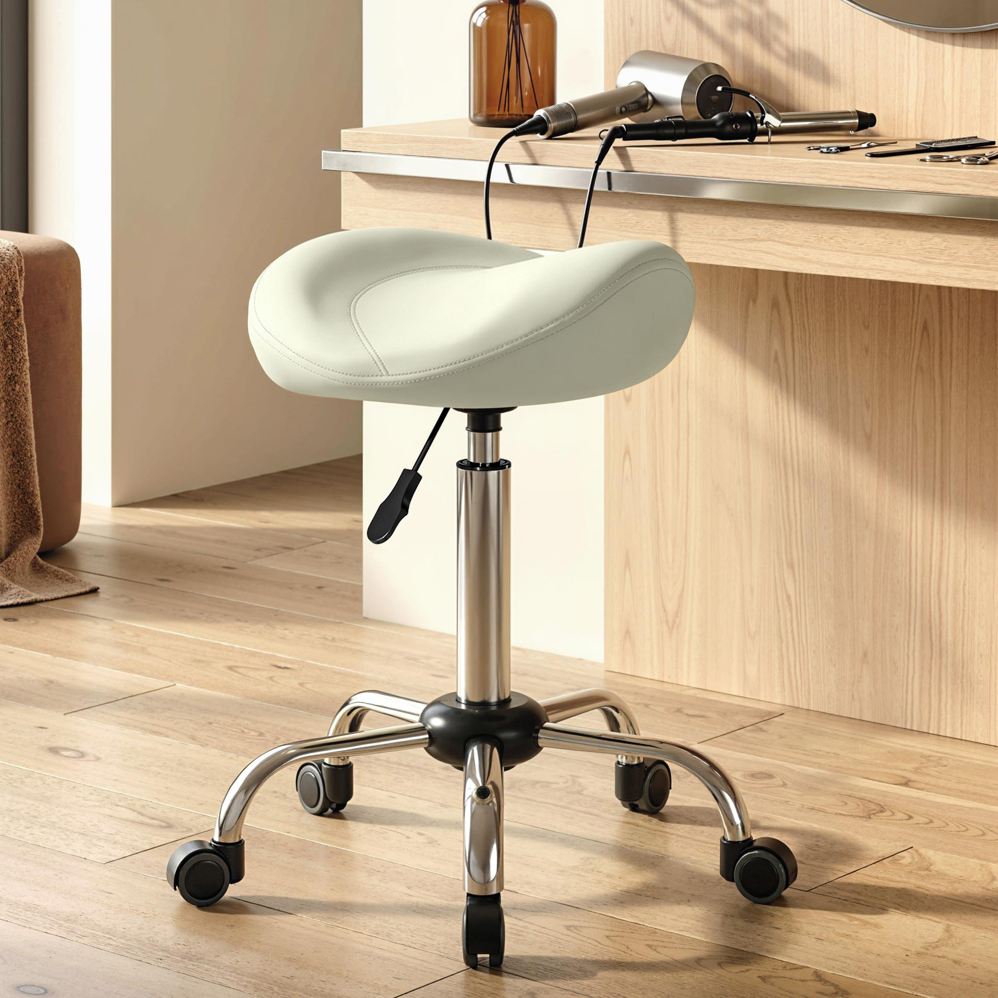 Sattelstuhl, höhenverstellbarer Rollstuhl mit PU-Leder für Massage, Spa, Klinik, Beauty und Tattoo, Cremeweiß