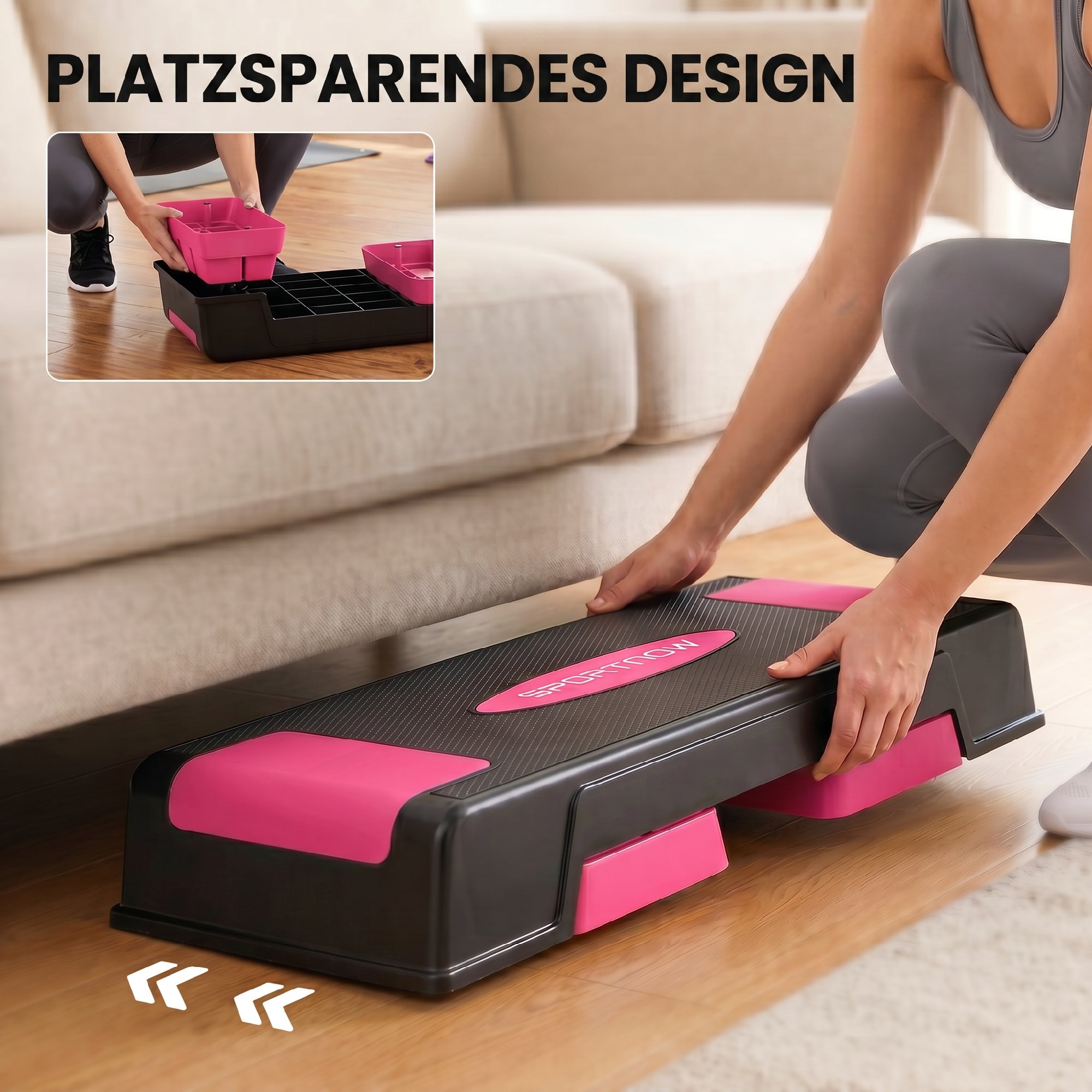 Steppbrett höhenverstellbar Fitness Aerobic Stepper mit 3 Stufen (12/17,5/22,5 cm), Anti-Rutsch-Matte Schwarz+Rosa