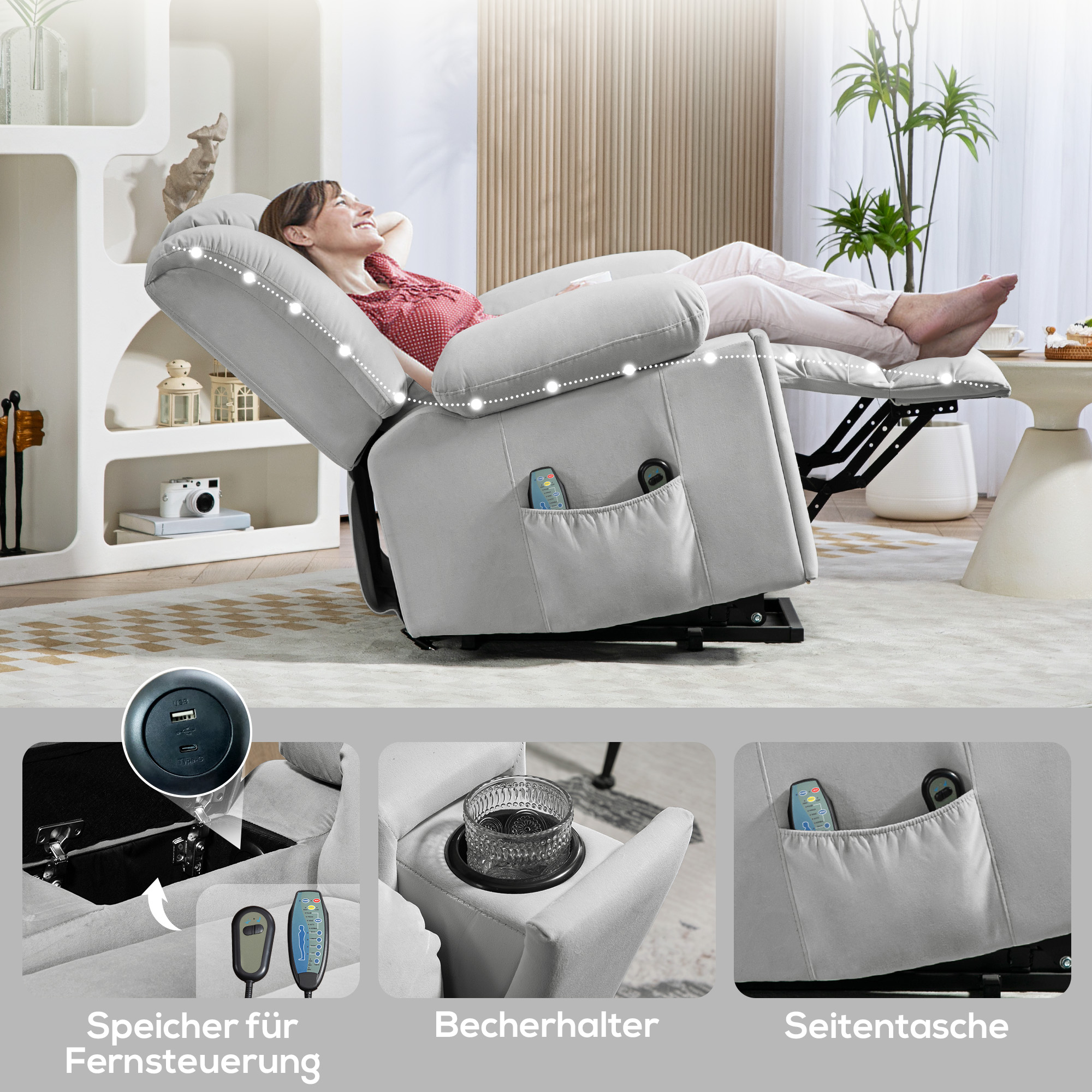 elektrischer Aufsteh-Sessel, Weicher, samtartiger Stoff, USB-Anschlüsse