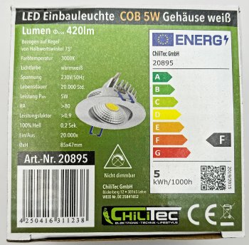 LED-Einbauleuchte "COB-5", 5W, 420lm / ALU, 3000K, 95°, Ø85xT47mm, Rahmen weiß