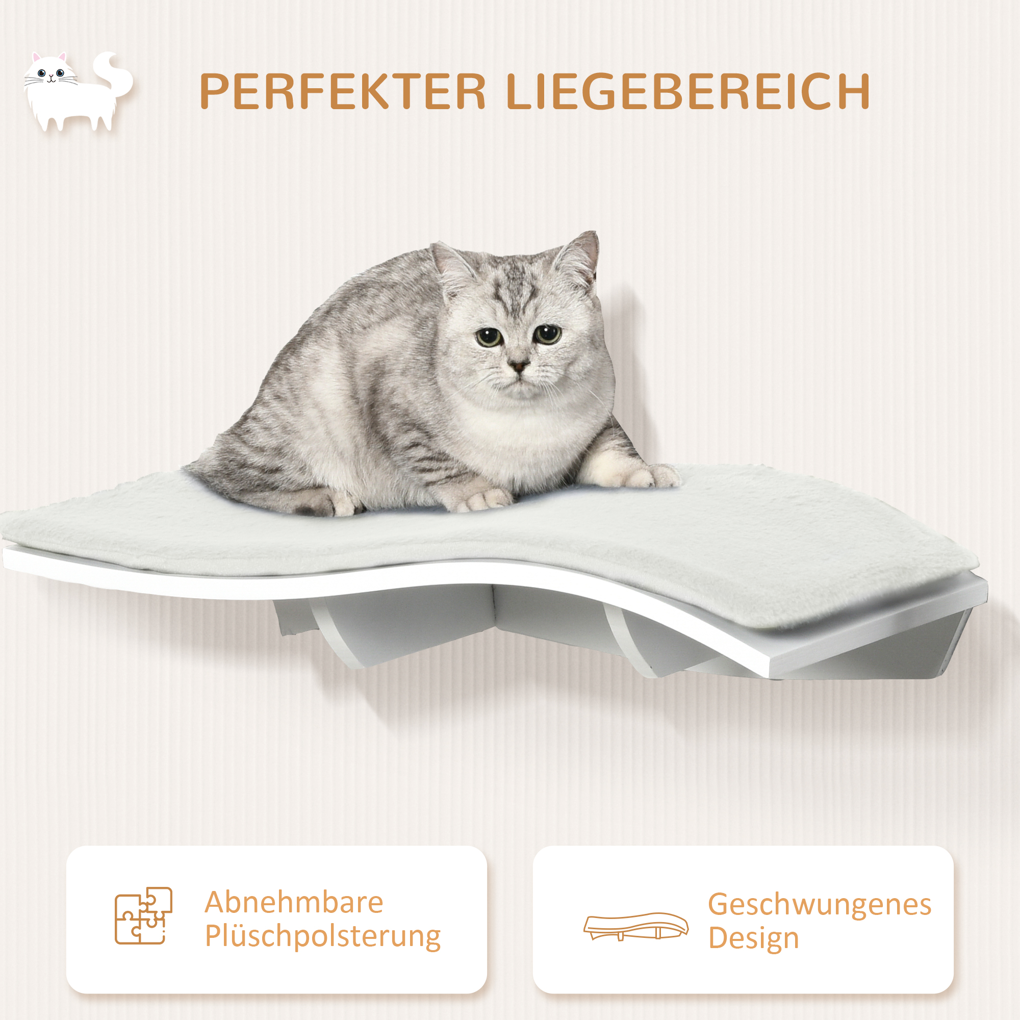 Katzen Kletterwand Katzenhängematte Katzenbett Wand Katzenregal Wandmontage Katzenmöbel Plüsch MDF Weiß 53 x 28 x 12 cm