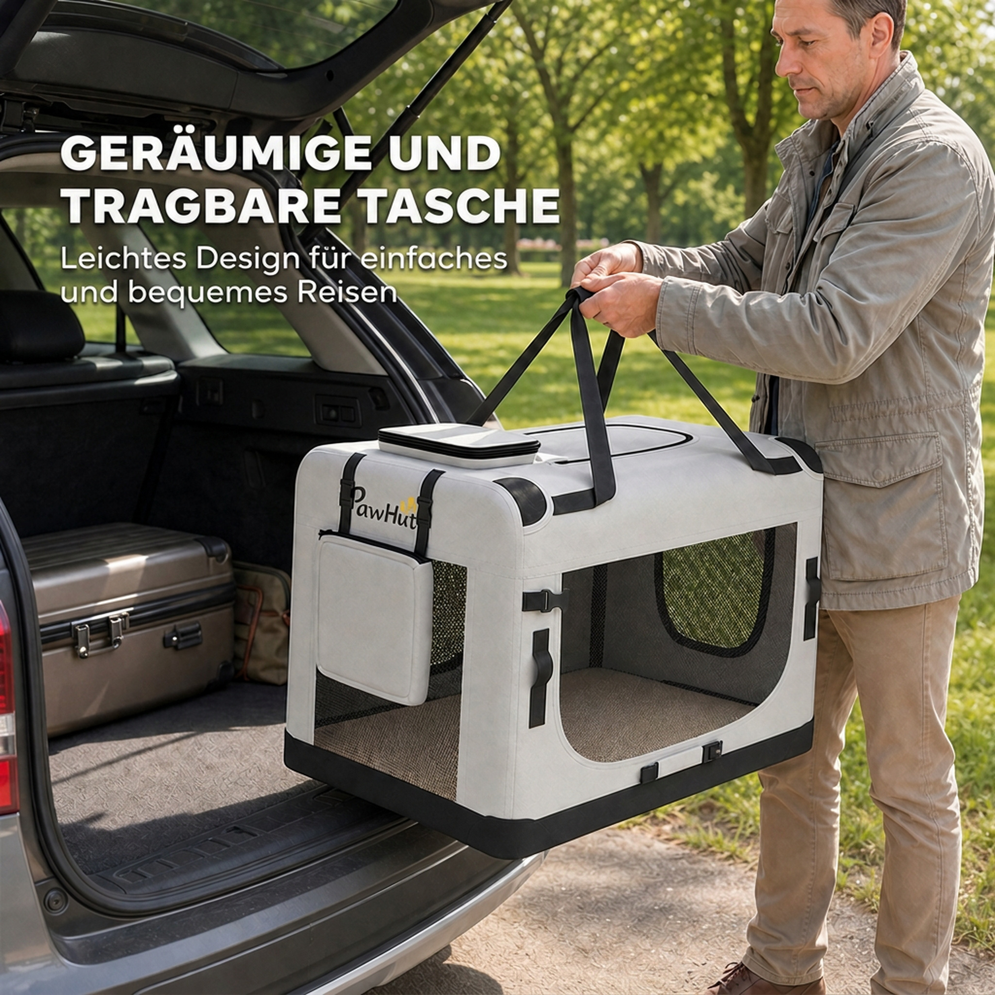Transporttasche für Haustiere, weichw. Hundetragetasche mit Sicherheitsleine, Kissen und Napf, hellgrau