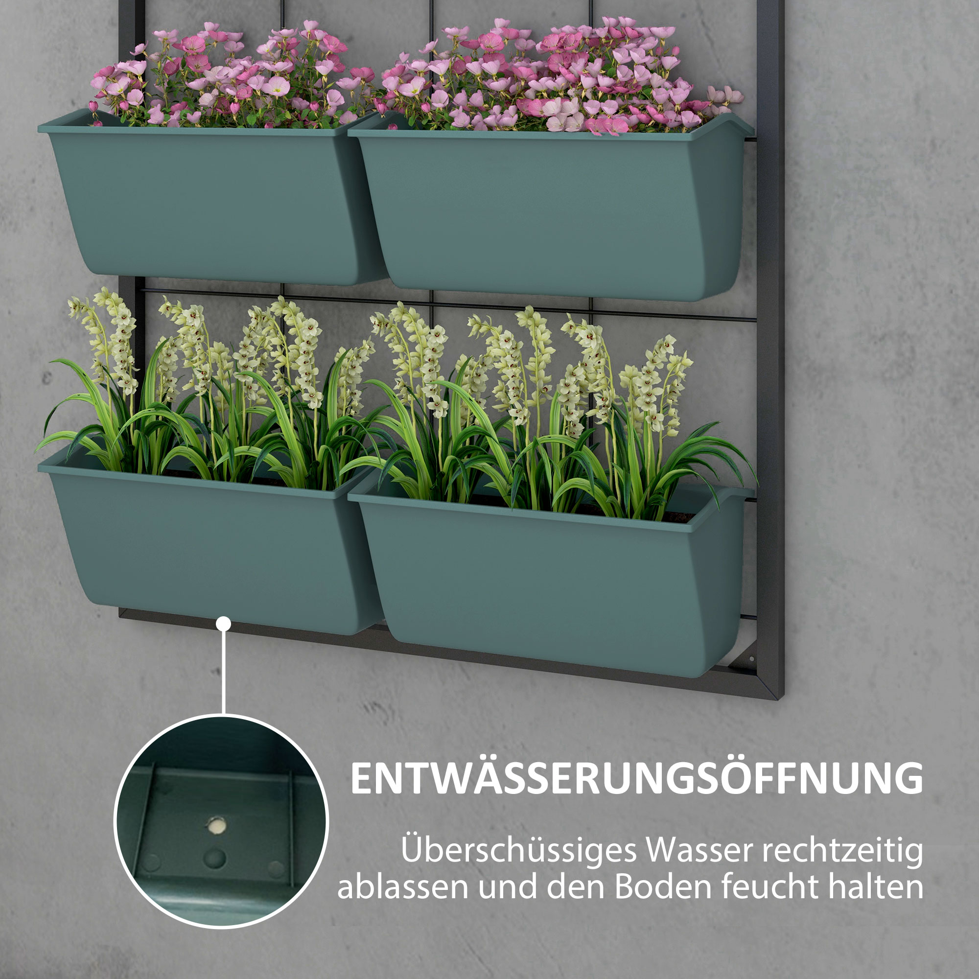 Pflanzentreppe Blumentreppe  8 Pflanzkästen, stapelbar, wetterbeständig, 52,5 x 14 x 90 cm, Grau + Schwarz