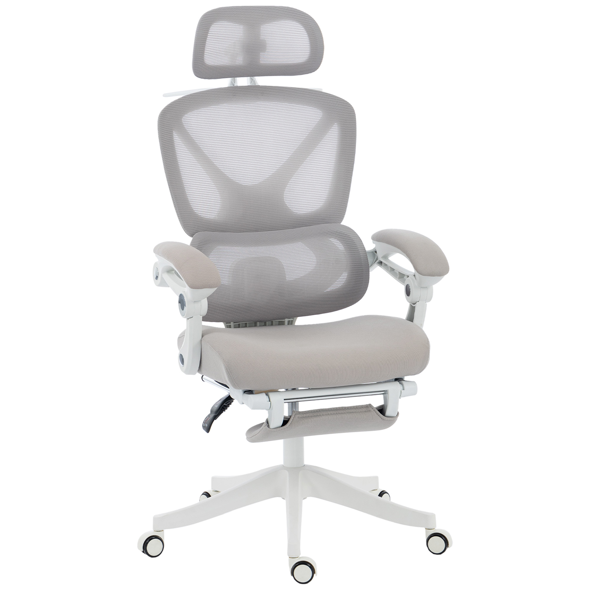 Bürostuhl, Ergonomischer Schreibtischstuhl mit Fußstütze, Wippfunktion, Armlehne, Netzstoff, Grau