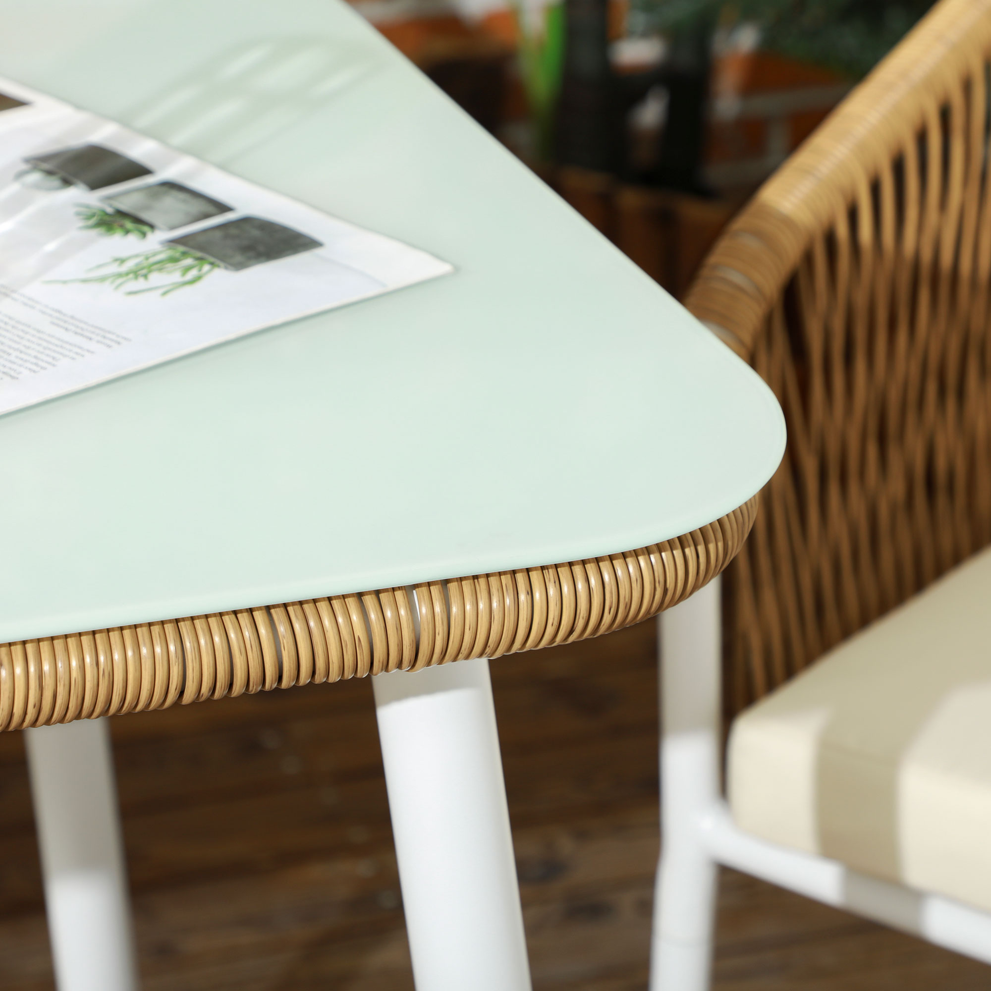 Gartengarnitur, 5-teilig, Rattanoptik, Sitz- & Rückenkissen, rostfreier Alu-Rahmen, Gelb/Weiß/Beige