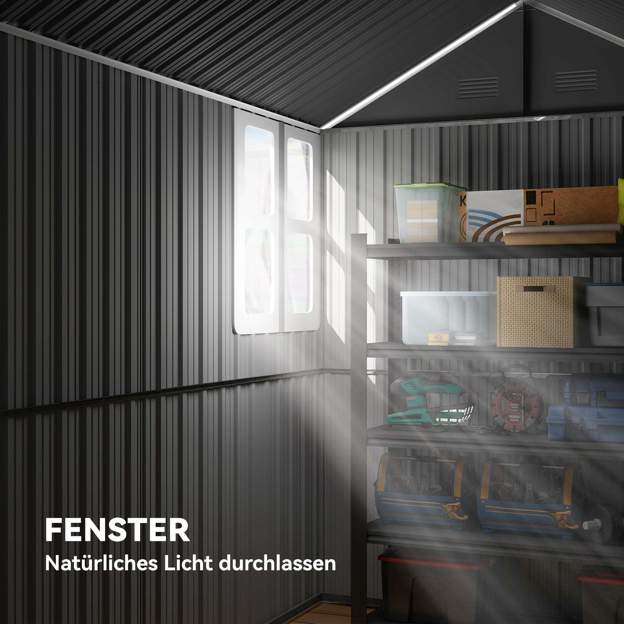 Gartenschuppen, Metallgerätehaus, Doppeltür, Fenster, 259x172x222 cm, Grau/Weiß
