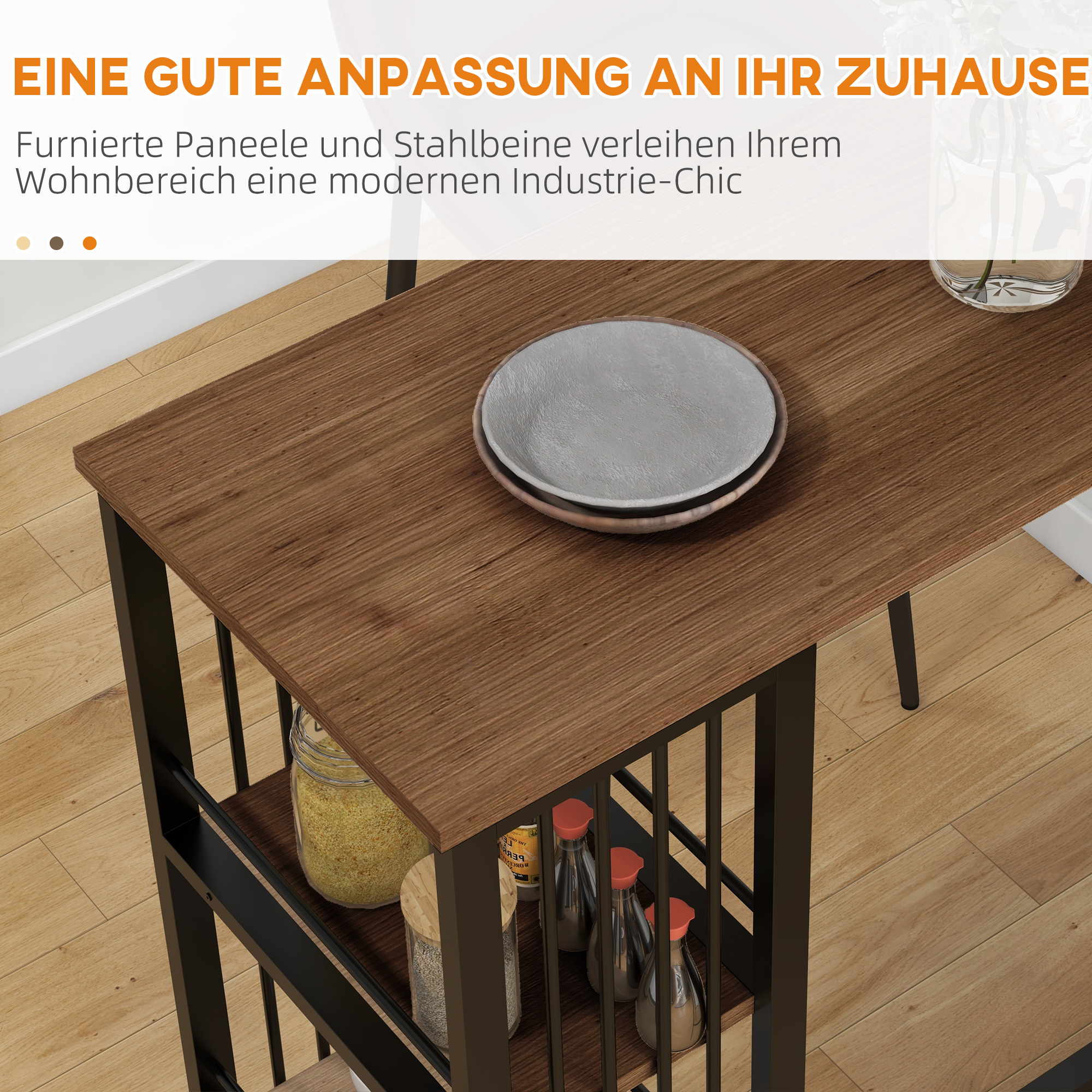 Bartisch Stehtisch Küchentresen, Industriedesign, 3 Regale, 120 x 40 x 105 cm; Schwarz + Braun