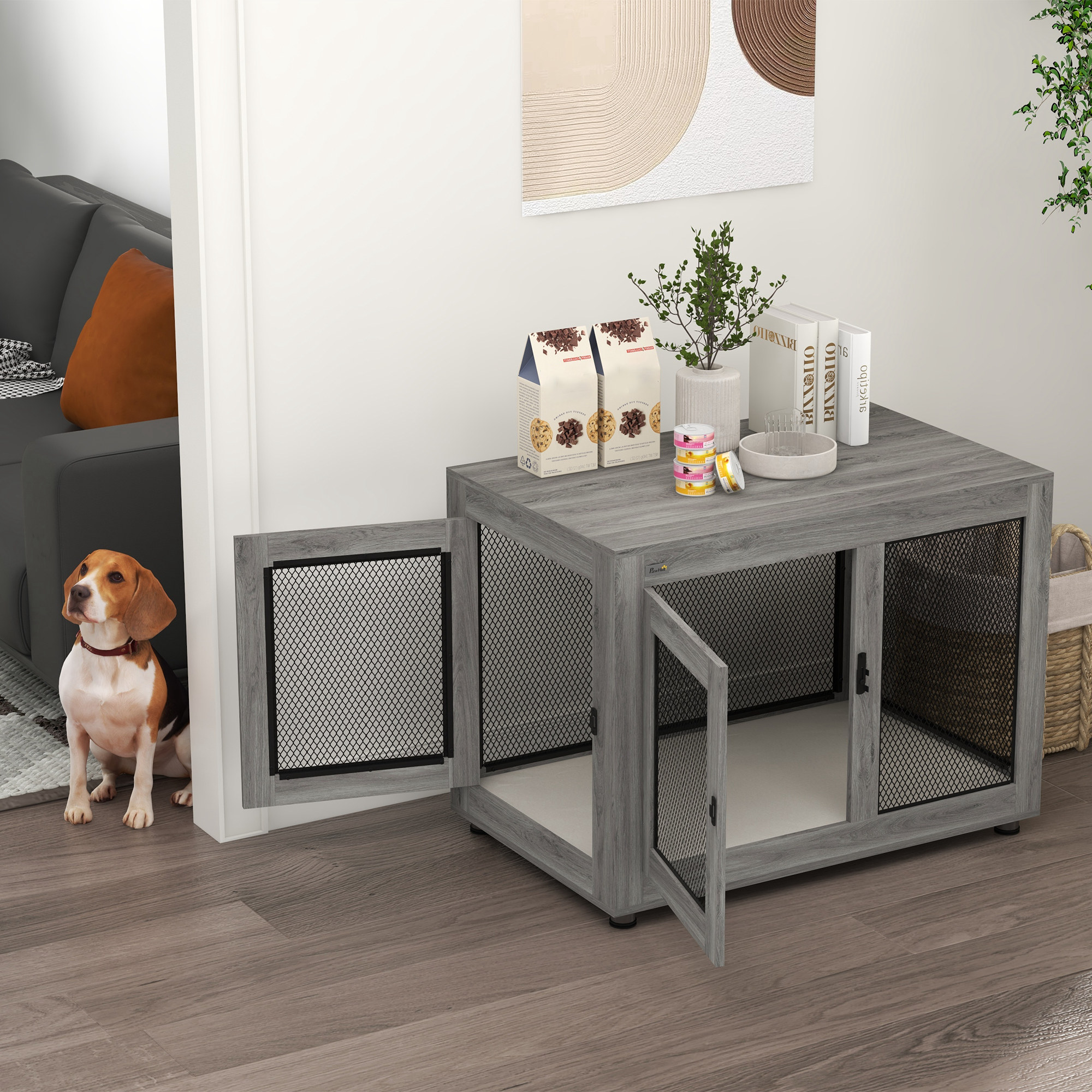 Hundebox, Welpenbox, mit Ablagefläche, wasserabweisendes Kissen, Stahlgitter, verstellbare Füße, 94x60x71,5 cm
