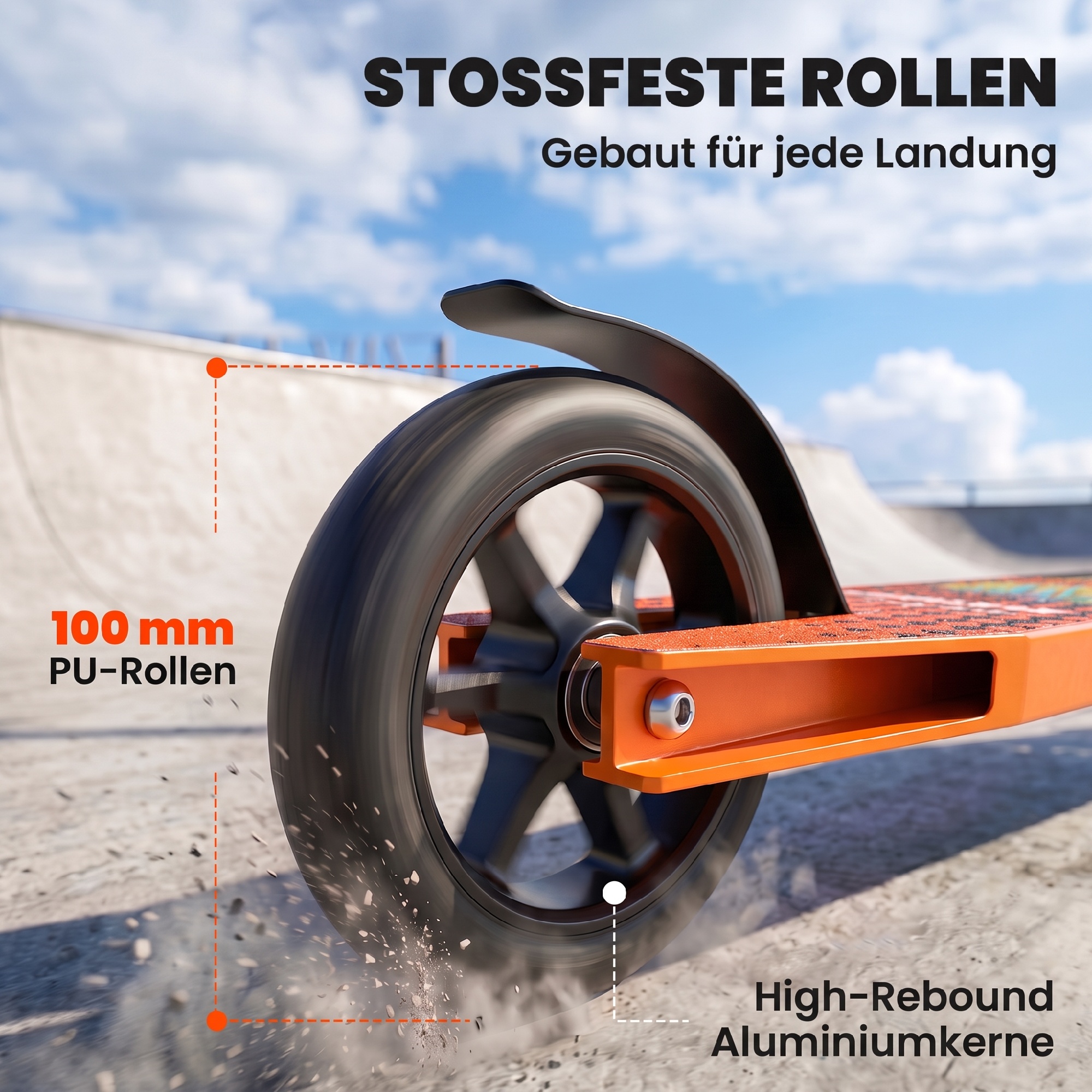Stunt-Scooter für Erwachsene & Jugendliche, Trick-Scooter mit 100 mm PU-Rollen, 360° Stahl-Y-Lenker, Aluminium-Deck, ABEC-7, Orange